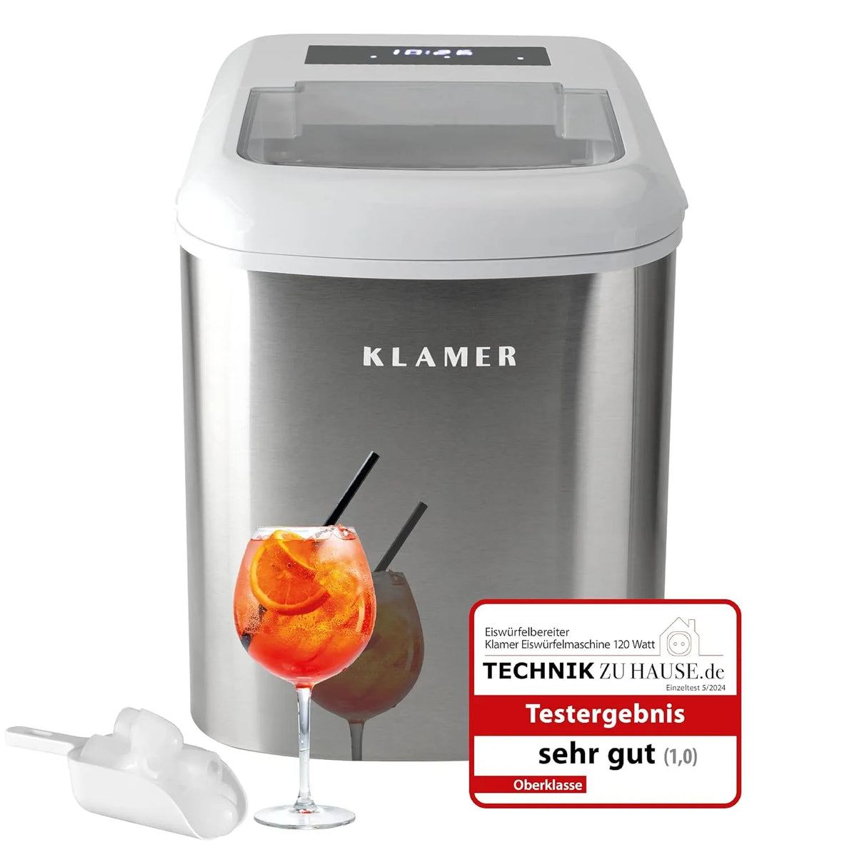Klein mit Eisschaufel & 2 Eiswürfelgrößen KLAMER Eiswürfelmaschine, leiser Ice Maker mit Timer, Gewicht 15 kg Eiswürfel pro Tag, silber