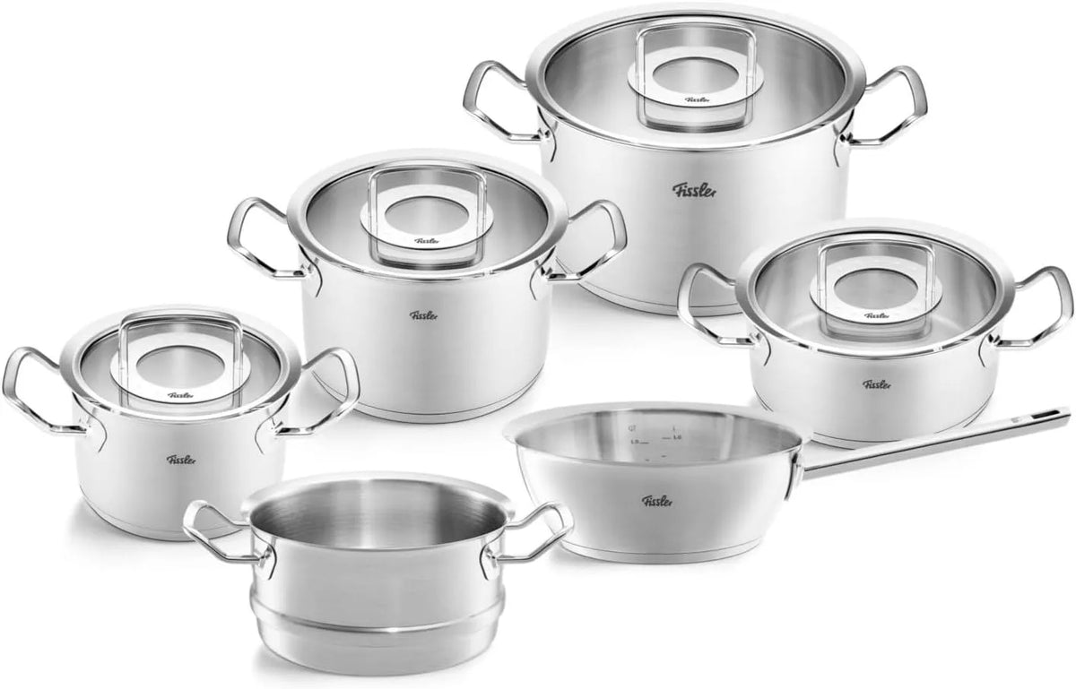 Collection Fissler Original-Profi, 6-teilig, 3 Kochtöpfe,1 Bratentopf 1 Sauteuse-deckellos, 1 Dämpf-Einsatz, Edelstahl-Kochtopfset, Induktion