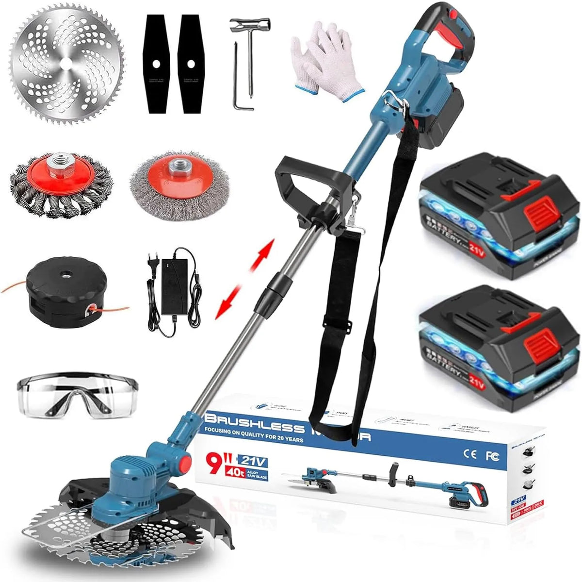 Rasentrimmer, 4-in-1 Akku, Freischneider mit Unkrautbürste, Rasen- und Unkrautbeschnitt, akkubetrieben 21 V, Freischneider Akku, Blau