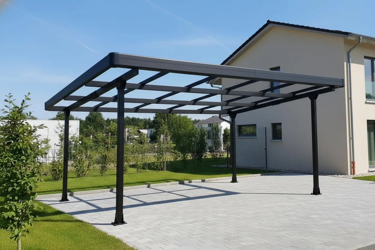 Carport Doppelcarport, in Schwarz, Gestell für 2 Autos mit Dachverkleidung + Regenrinne
