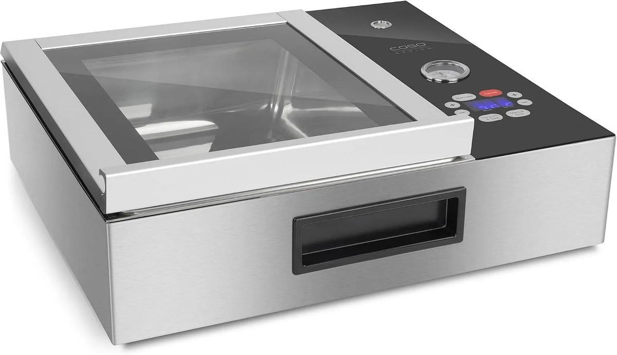 Caso VacuChef Slim-Line, inklusive. 30 Profi Folienbeutel, Ultra flaches Design, Minute, starke Vakuumpumpe 72 Liter, Kammervakuumierer aus Edelstahl