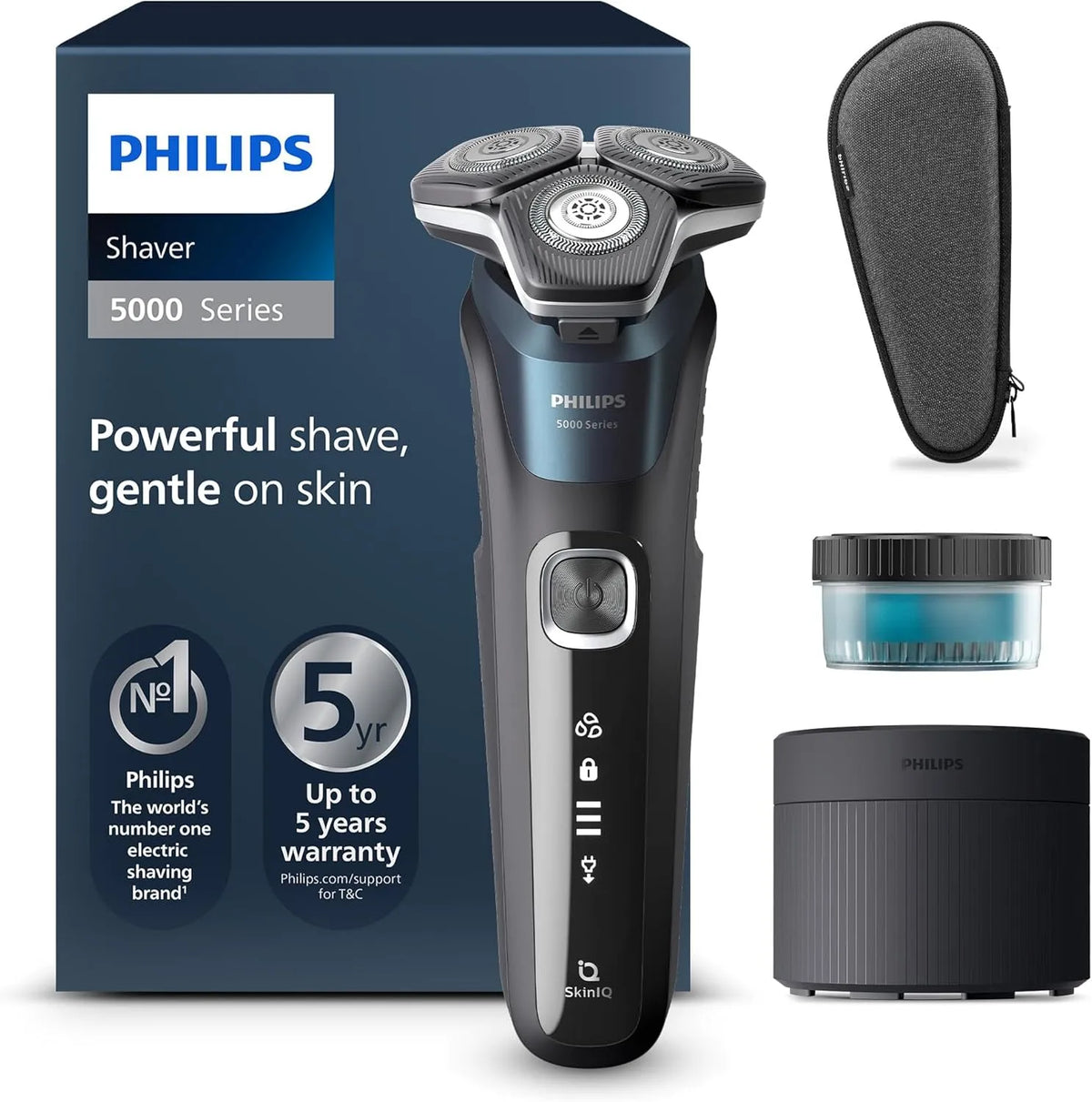 Philips Shaver 5000 S5889/50, Elektrischer Rasierer für Herren: Nass- und Trockenrasur mit SkinIQ Technologie, Transporttasche, Elektrik-Blau