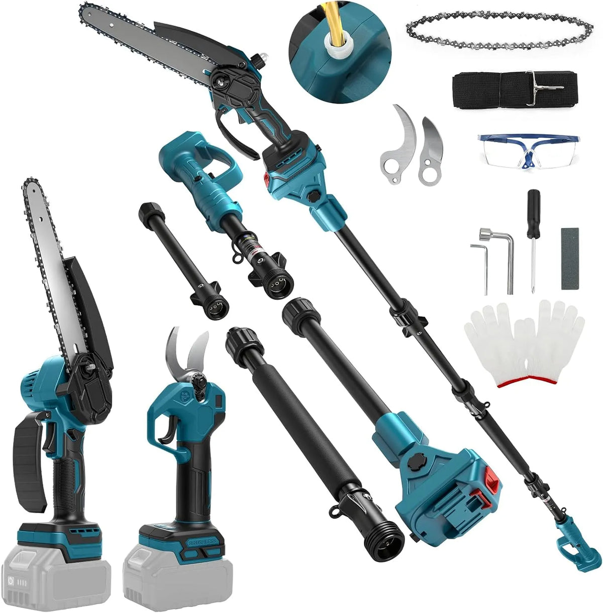 Makita, 8 Zoll Mini Kettensäge mit Teleskopstange & 28 mm Elektro Gartenschere, 4-in-1 Gartenwerkzeug Set Kompatibel mit Batterie