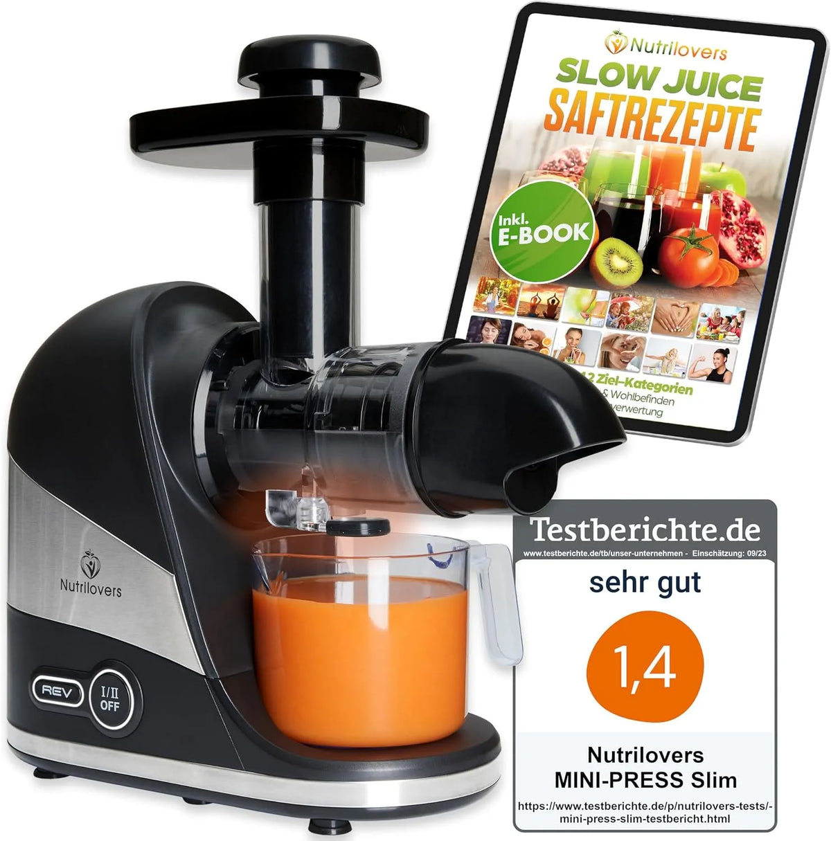 Entsafter Nutrilovers, Slow Juicer MINI-PRESS Obst und Gemüse, Kompaktes Design Edelstahl, inklusive. Rezepte-Ebook + Nutri-App, 100% BPA-frei