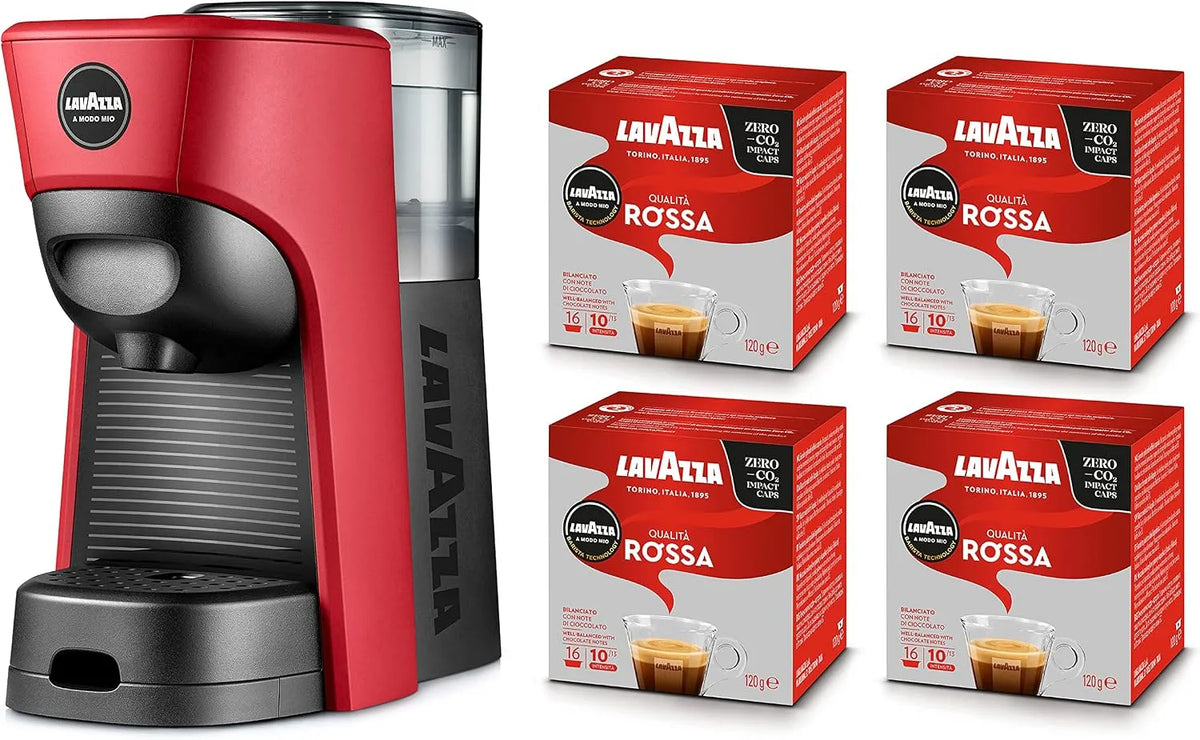 Kaffeemaschine, Leistung 1450 W, 220-240 V, 50/60 Hz, A Modo Mio Tiny Eco Rote mit 64 Kapseln, Fassungsvermögen 0,6 Liter, Lavazza