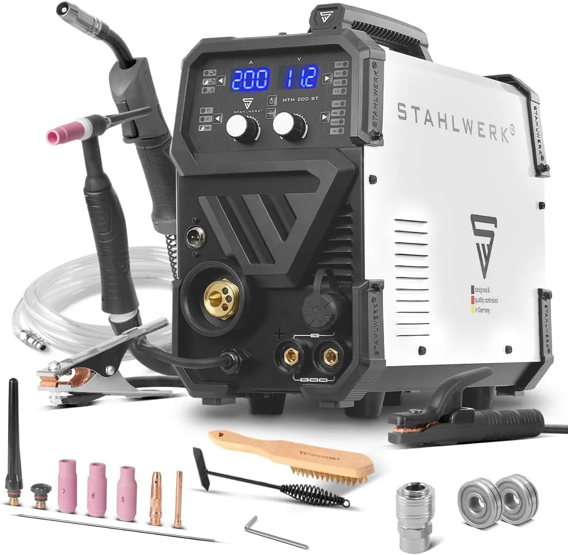 Modell MTM-200 STAHLWERK Schutzgasschweißgerät 3-in-1 Kombi ST MTM 200 ST 4-Rollen-Antrieb, E-Hand bis 200 A, Kombi-Inverter für WIG, MIG, MAG, MMA