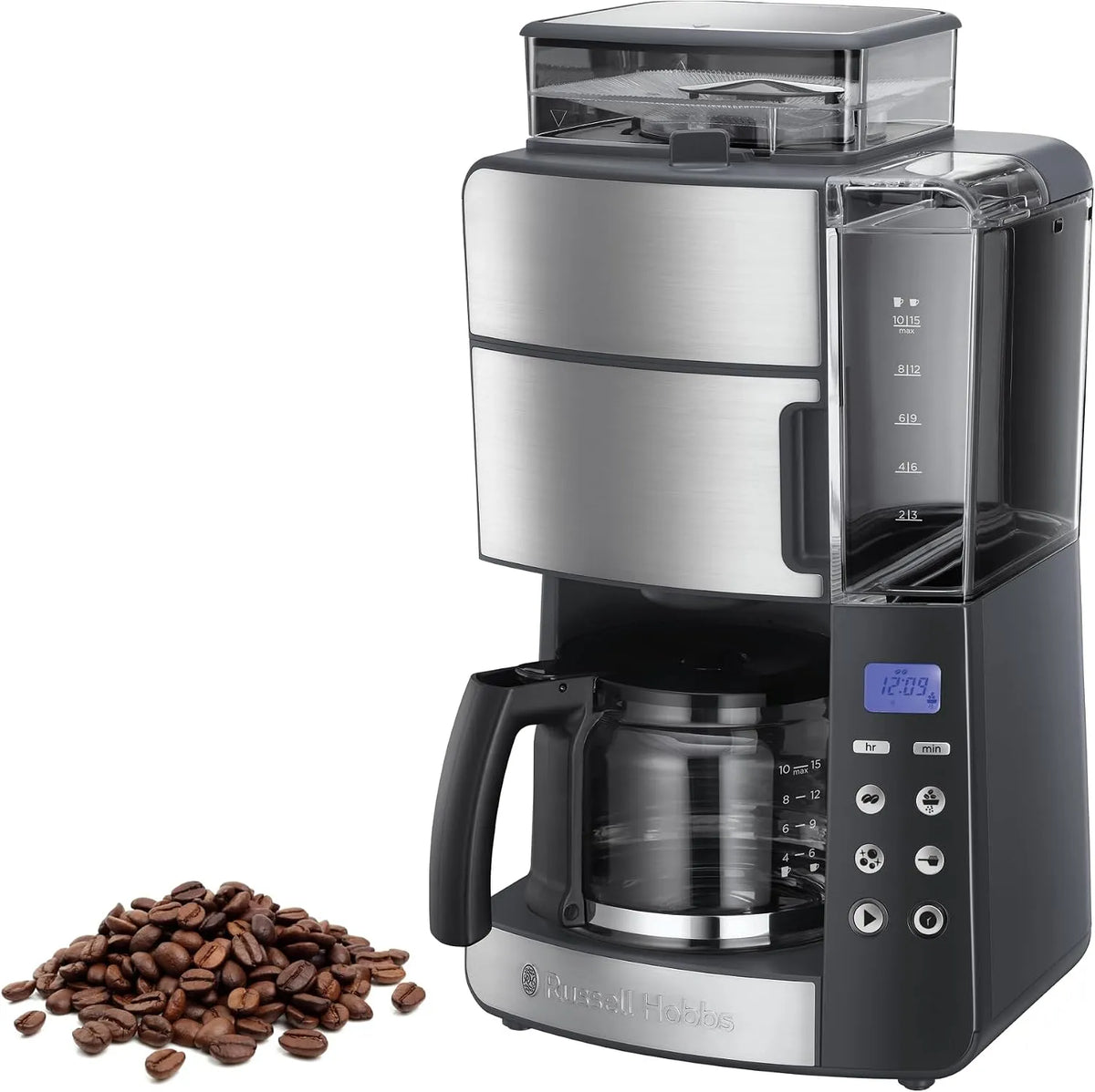 Russell Hobbs Kaffeemaschine 25610-56, 1 bis 10 Tassen, 3-stufige Mahlgradeinstellung, mit Mahlwerk Glaskanne, Digitaler Timer, Grind&Brew