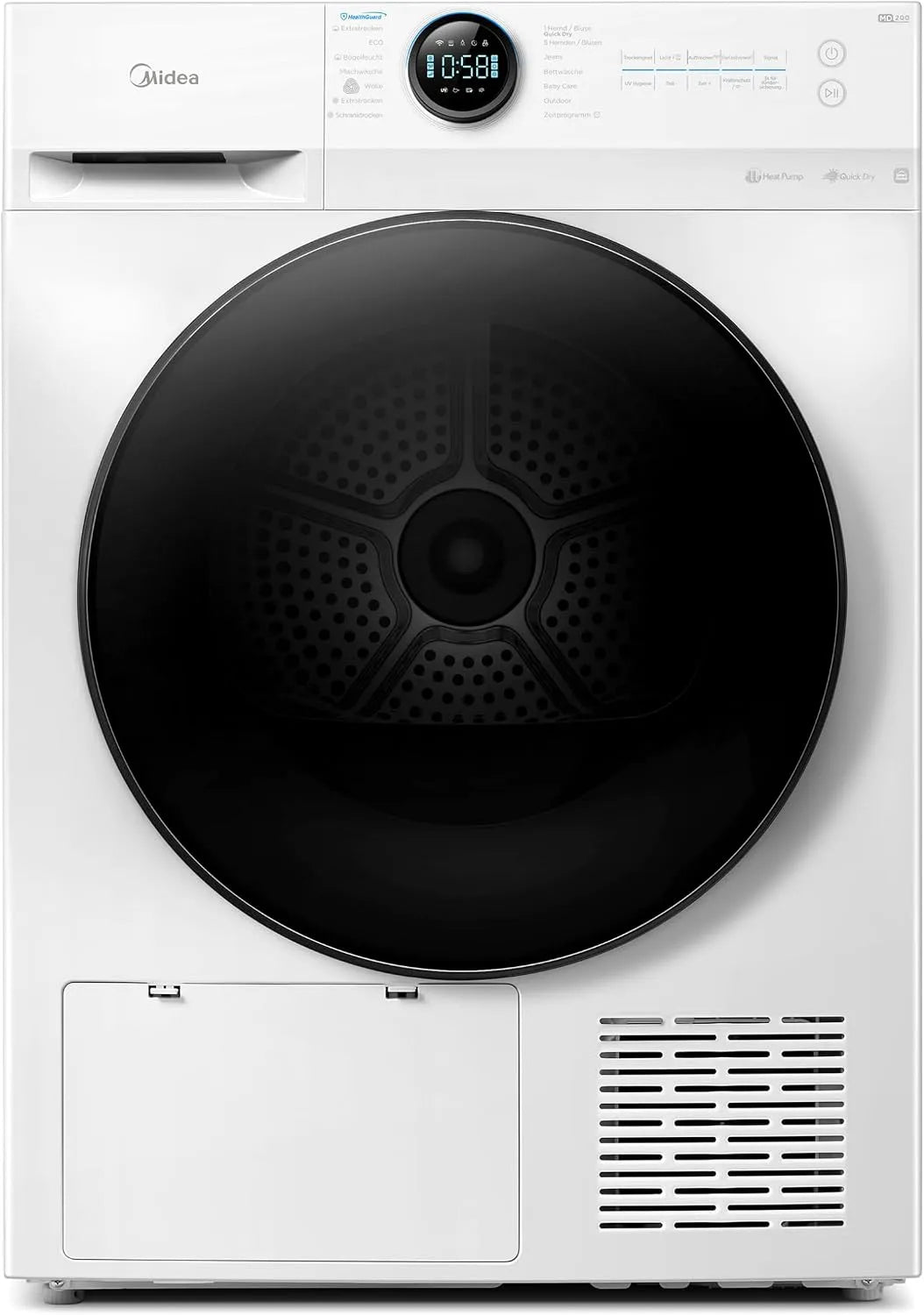 Midea Wärmepumpentrockner MD20EH80WB-A3, Energieklasse C, Knitterschutz, Auto Dry, Auffrischen, Startzeitvorwahl, Gewicht 8 kg, UV Hygience, Weiß