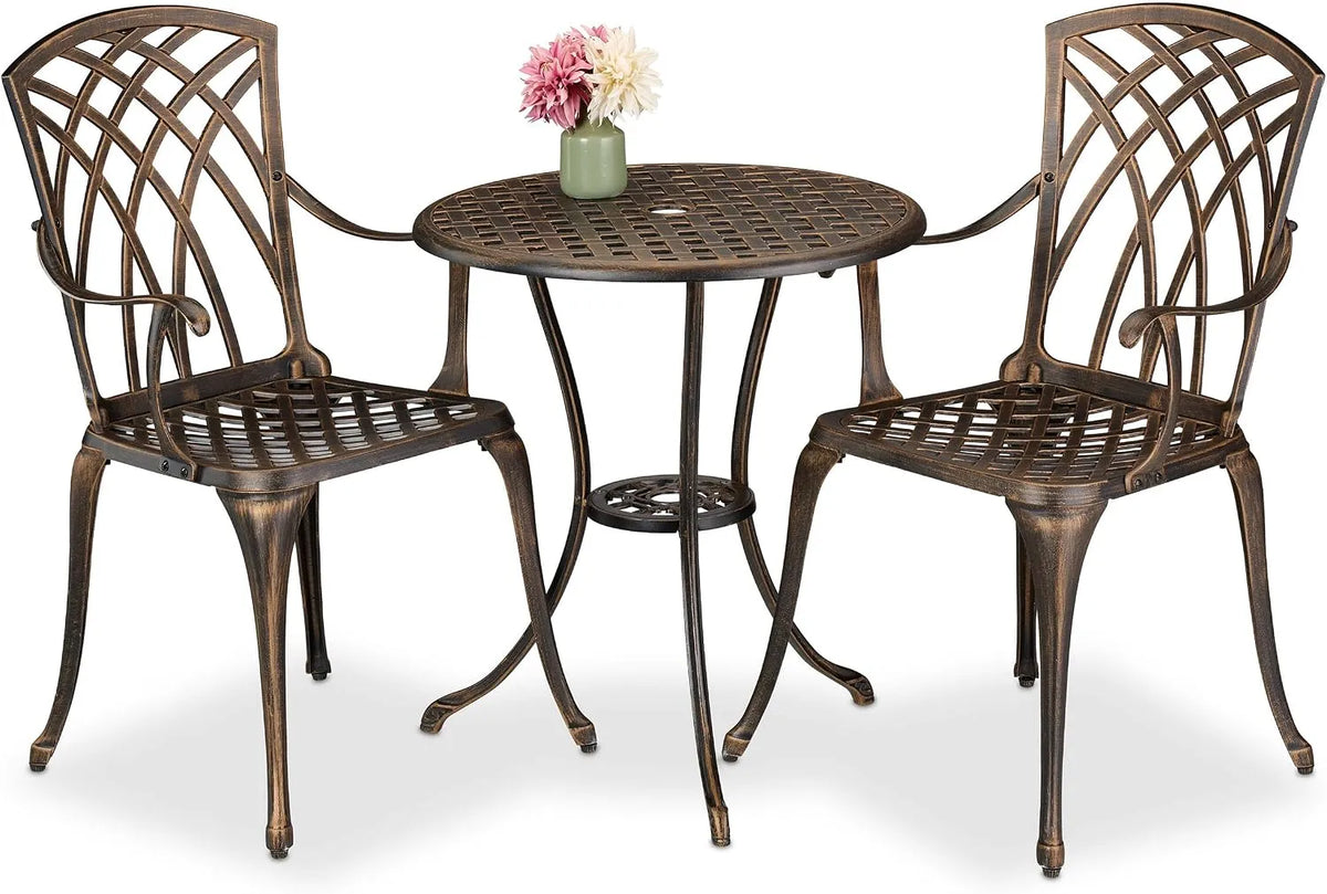 Tisch, Relaxdays Gartenmöbel Set 3-teilig, 2 Stühle, Aluguss, Balkonmöbel Antikdesign, Garten Sitzgruppe, Bronze, in Schwarz