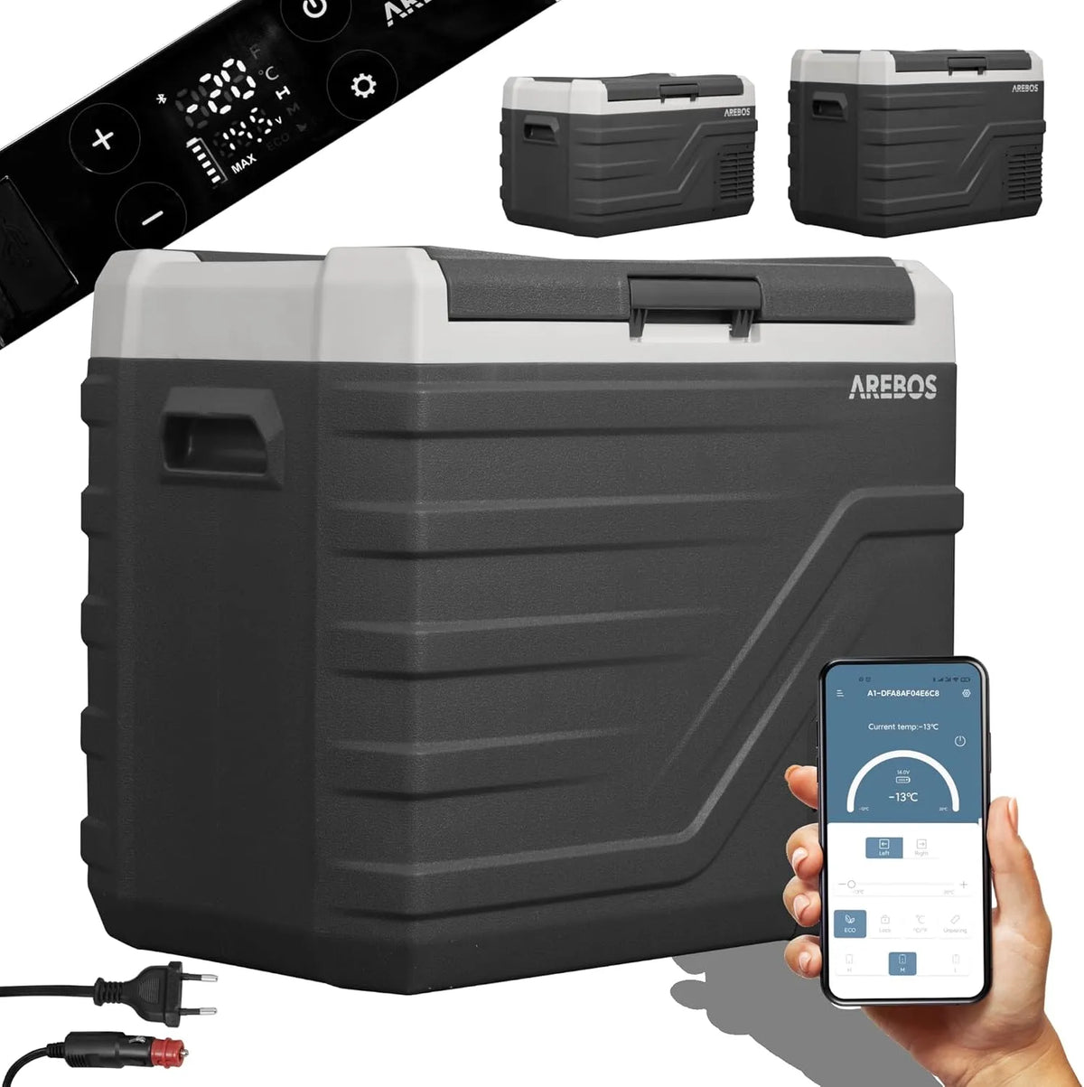 Kompressor Arebos, 12/24 V 230V, bis -20 °C, für Auto, Camping, Wohnmobil, Kühlbox 43 Liter, Mobile Kühltruhe mit USB-Anschluss, LKW