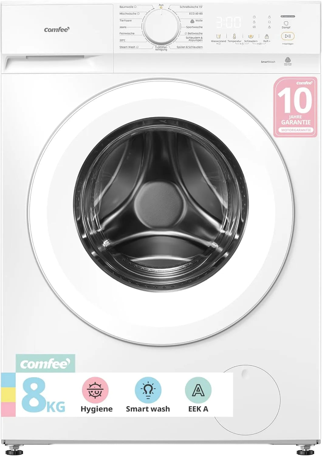 Comfee Waschmaschine A-10 CF08EWP05W, Gewicht 8kg, Nachlegefunktion, Weiß, Washing machine mit Tierhaar-Programm & Dampffunktion,16 Betriebsprogramme