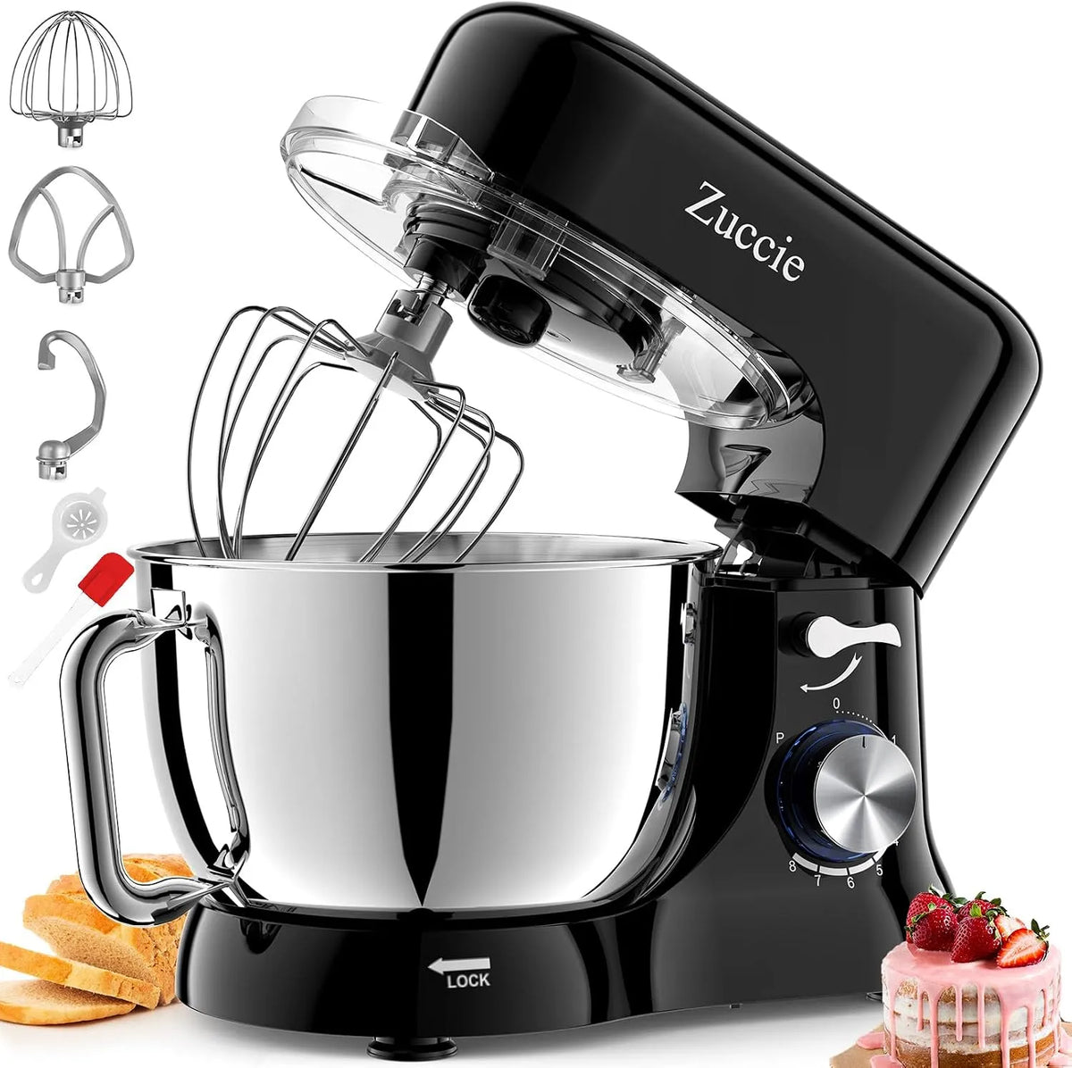 Küchenmaschine 8+P, Geschwindigkeit Teigmaschine, in Schwarz, Zuccie Knetmaschine Leise Rührmaschine inklusive 5L Edelstahlschüssel 3-Rührwerkzeuge
