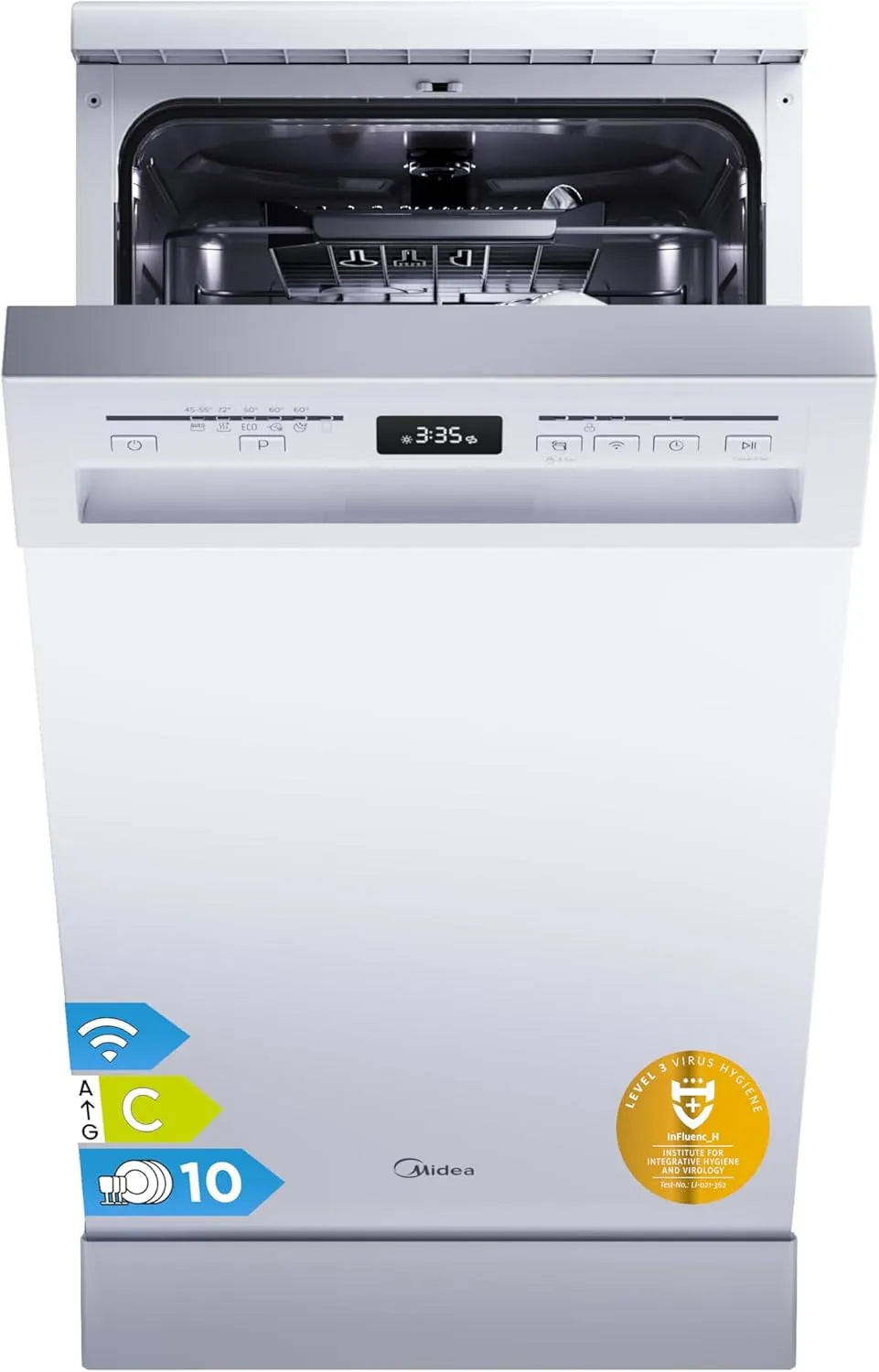 Midea Geschirrspüler 5.45NW10C kWh/100, SF 45cm in freistehender Ausführung & Unterbaufähig, 10 Maßgedecke, 63 kWh, Startverzögerung, Weiß, 44 db
