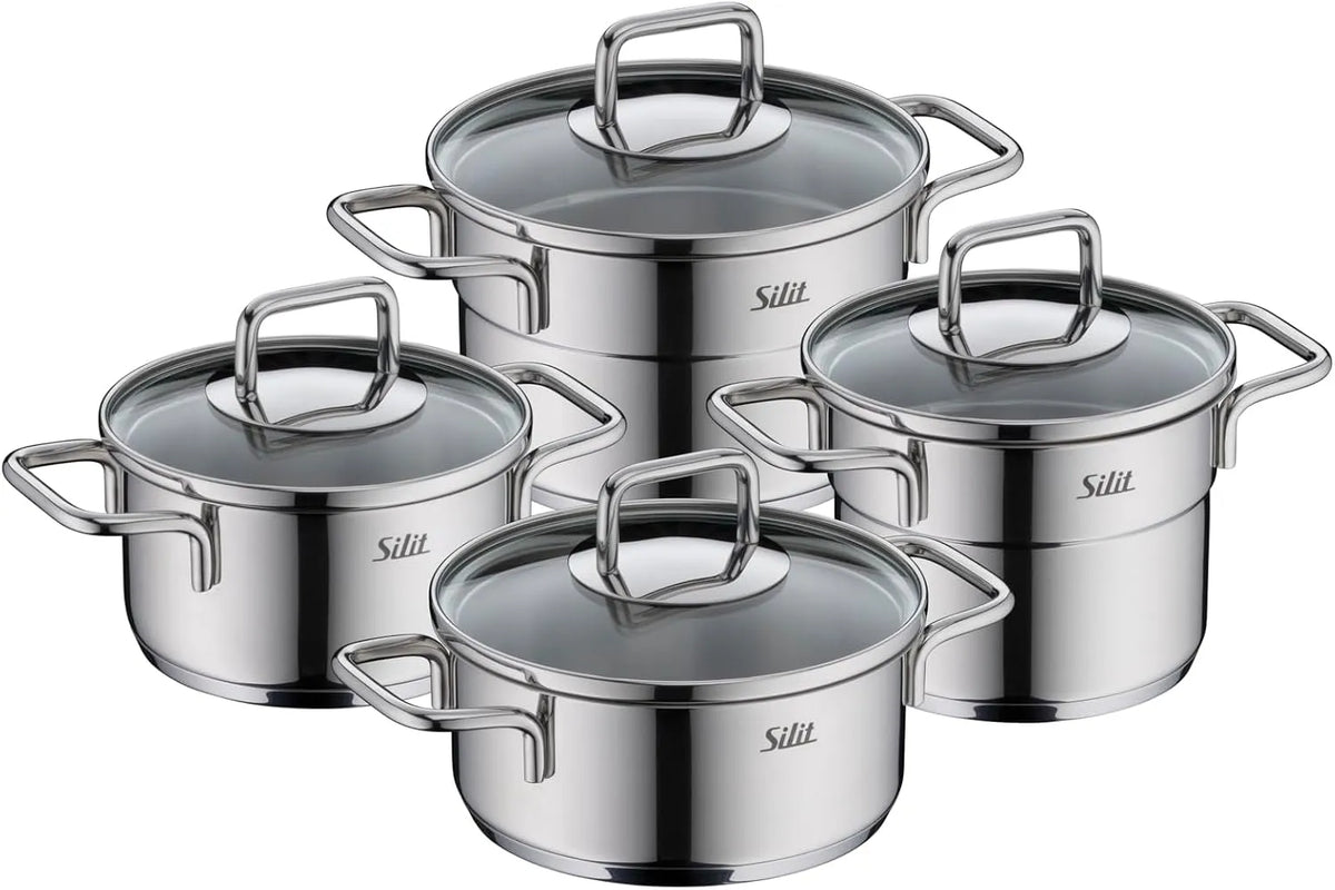 Cook Kochgeschirr-Set 4-teilig Silit Extra, Kochtöpfe 12/14 cm mit Glasdeckel, breiter Schüttrand, kleine Portionen, tropffrei, Innenskalierung