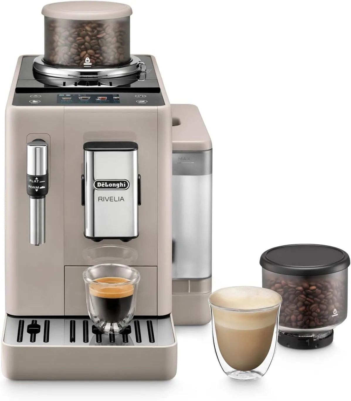 De'Longhi Kaffeevollautomat EXAM440.35.BG, 8 One-Touch-Getränke, Rivelia, Perfetto mit Milchaufschäumer, Touch-Display, Beige