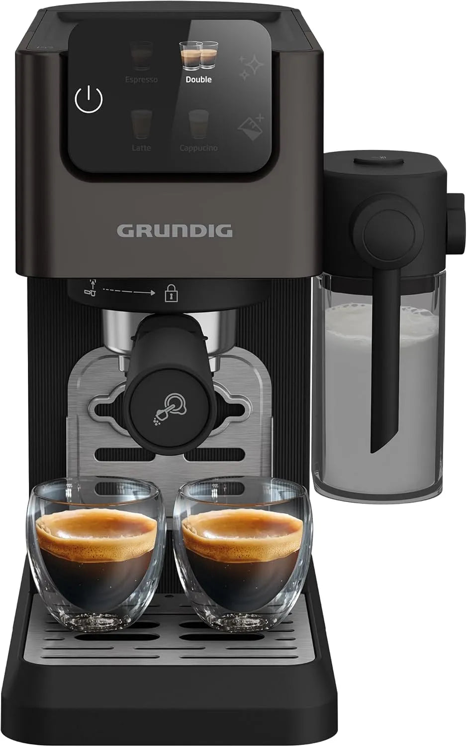 Grundig Espresso-Siebträgermaschine KSM 6430, 1628 W Leistung, 20 bar Pumpendruck, mit integriertem Milchbehälter, Zweifachdüse, BrewSense, CreamyPro