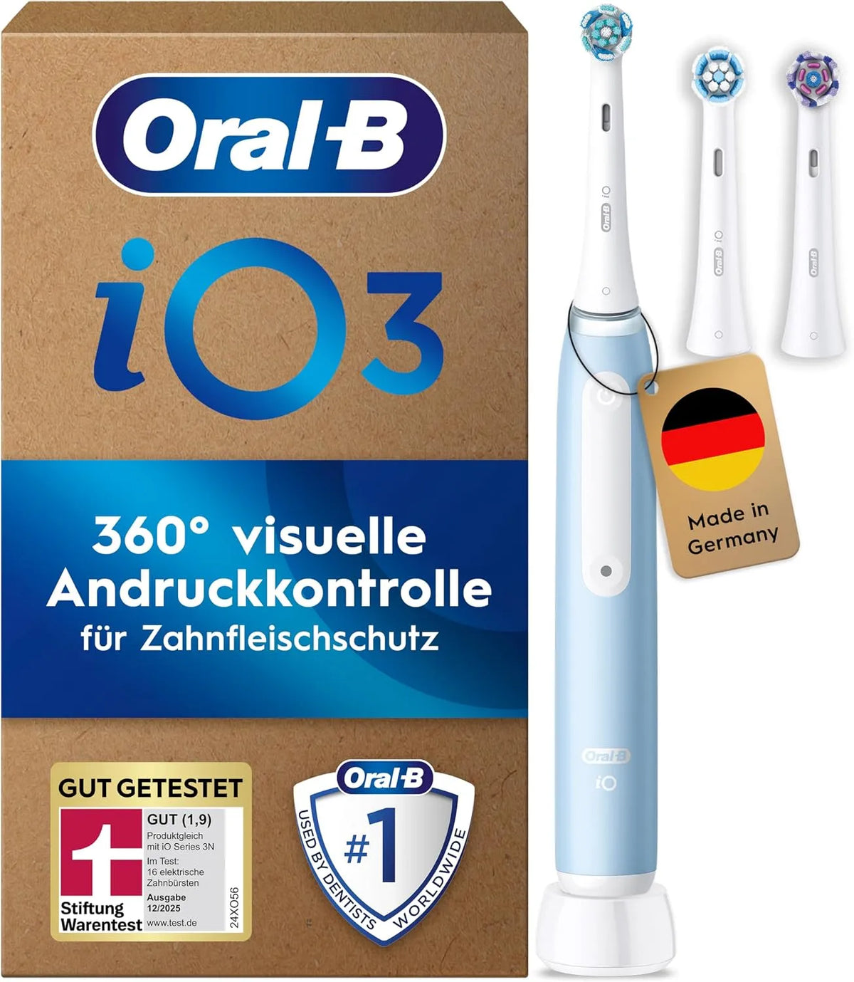 Braun Oral-B iO Series 3 Plus Edition Elektrische Zahnbürste, 3 Putzmodi für Zahnpflege, inklusive. 3 Aufsteckbürsten, Designed by, Hellblau