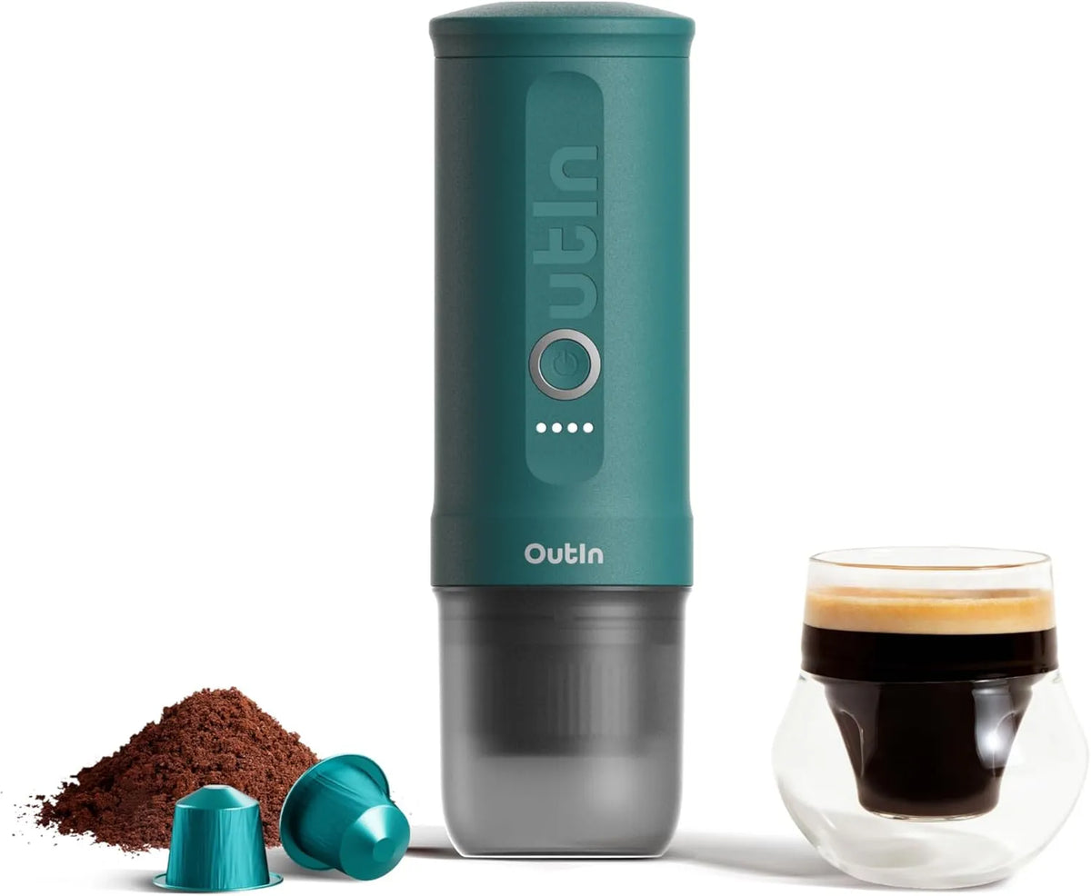 Espressomaschine OutIn Nano tragbar, Kaffeemaschine to go, 2 in 1 für gemahlenen kaffee und NS, akkubetrieben, für unterwegs oder Camping, kapseln