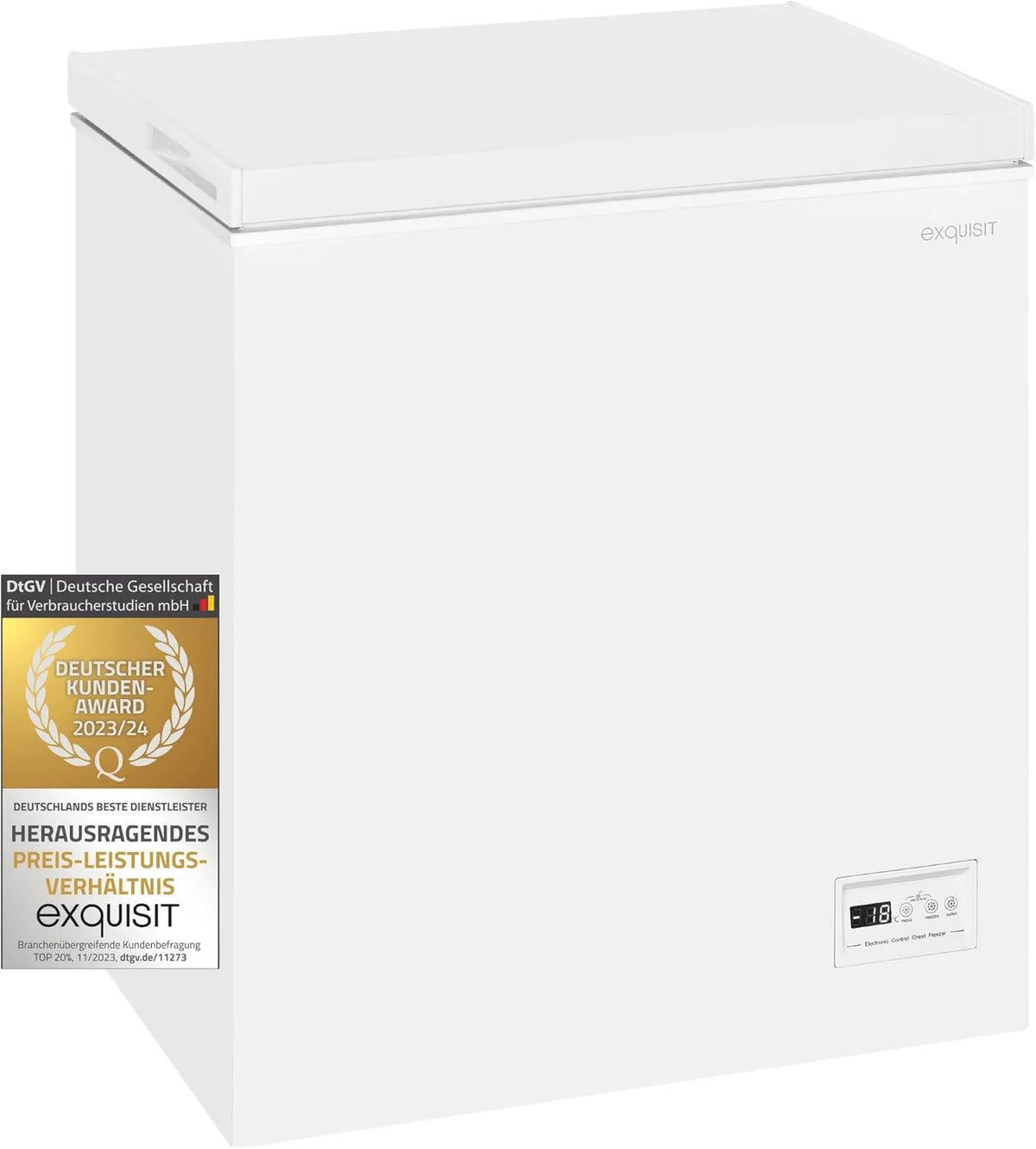 Exquisit Modell GT150-E-040E, Tiefkühltruhe 142 Liter Nutzinhalt, 4 Sterne, 55cm Breite, Gefriertruhe weiss, Schnellgefrieren, Einhängekorb
