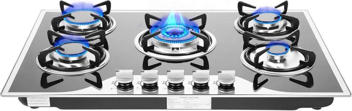 Kochfeld 5-Flammen-Einbau-Gaskochfeld, 33,86 Zoll Edelstahlherd, 5 Flammig-Glas, Dual-Fuel, Flüssiggas, Erdgas, Gasherd