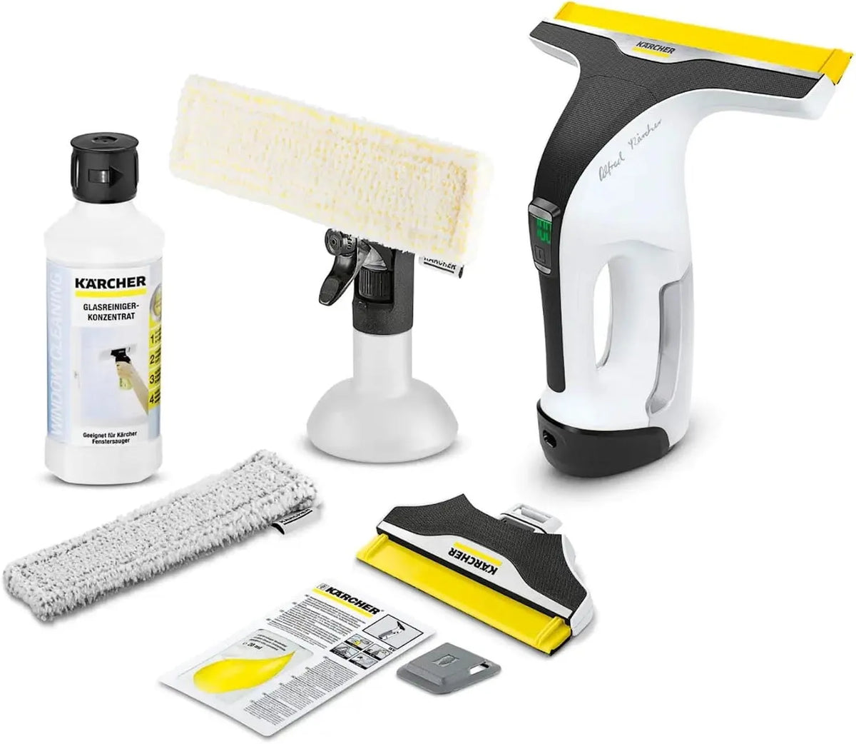 Kärcher Akku-Fenstersauger WV 7 Signature Line, Schmutzkratzer & 500 ml Reiniger, 2 Absaugdüsen, Sprühflasche, LED-Anzeige, Mikrofaserbezügen