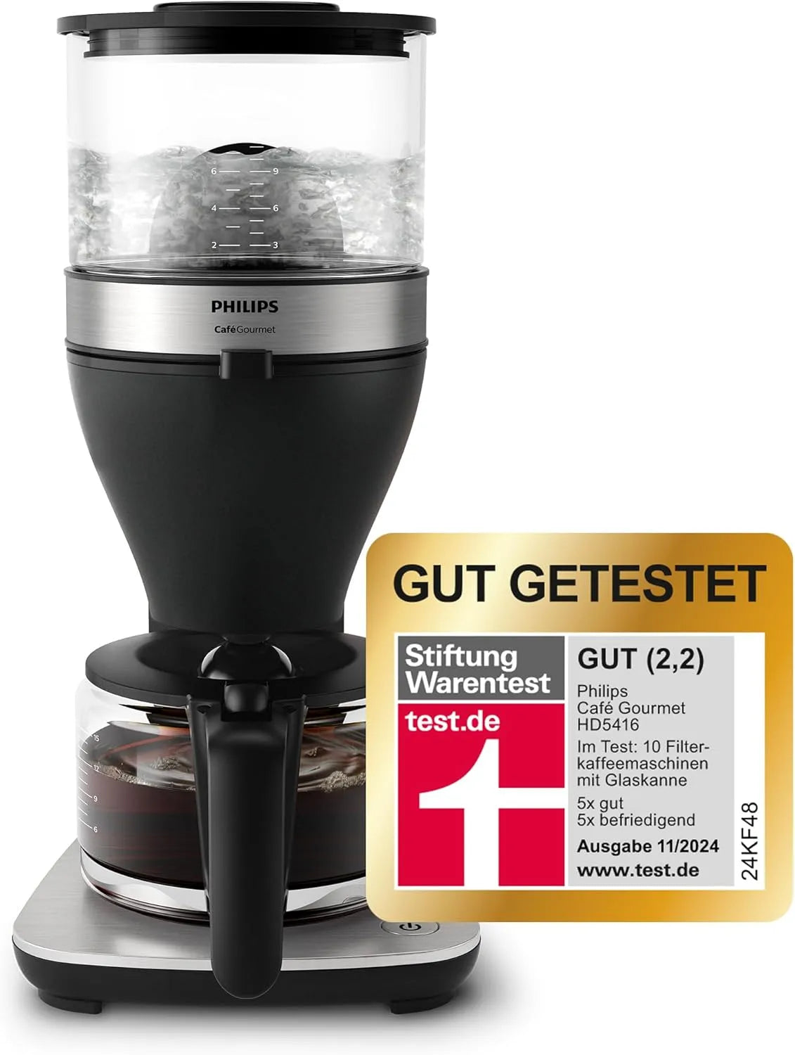 Philips Kaffeemaschine 1.25-Liter-Fassungsvermögen HD5416/60, bis zu 15 Tassen, Filterkaffeemaschine, Boil & Brew, silbern, in Schwarz