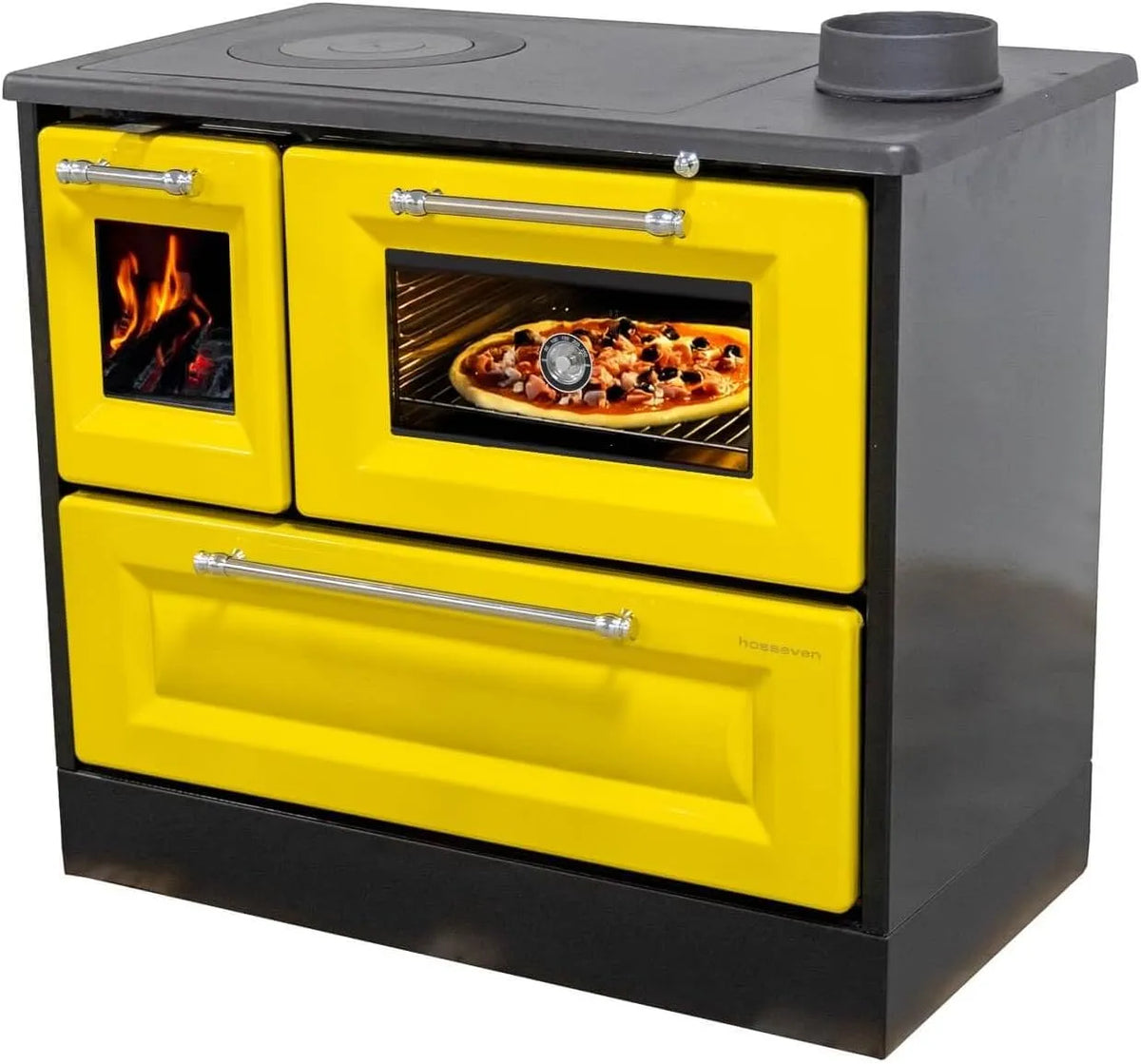 Kaminofen 4012, mit Backfach und Herdplatte Gelb Holzofen 8 kW Holz Ofen Mehrfachbelegung Kamin Heizofen Küchenherd