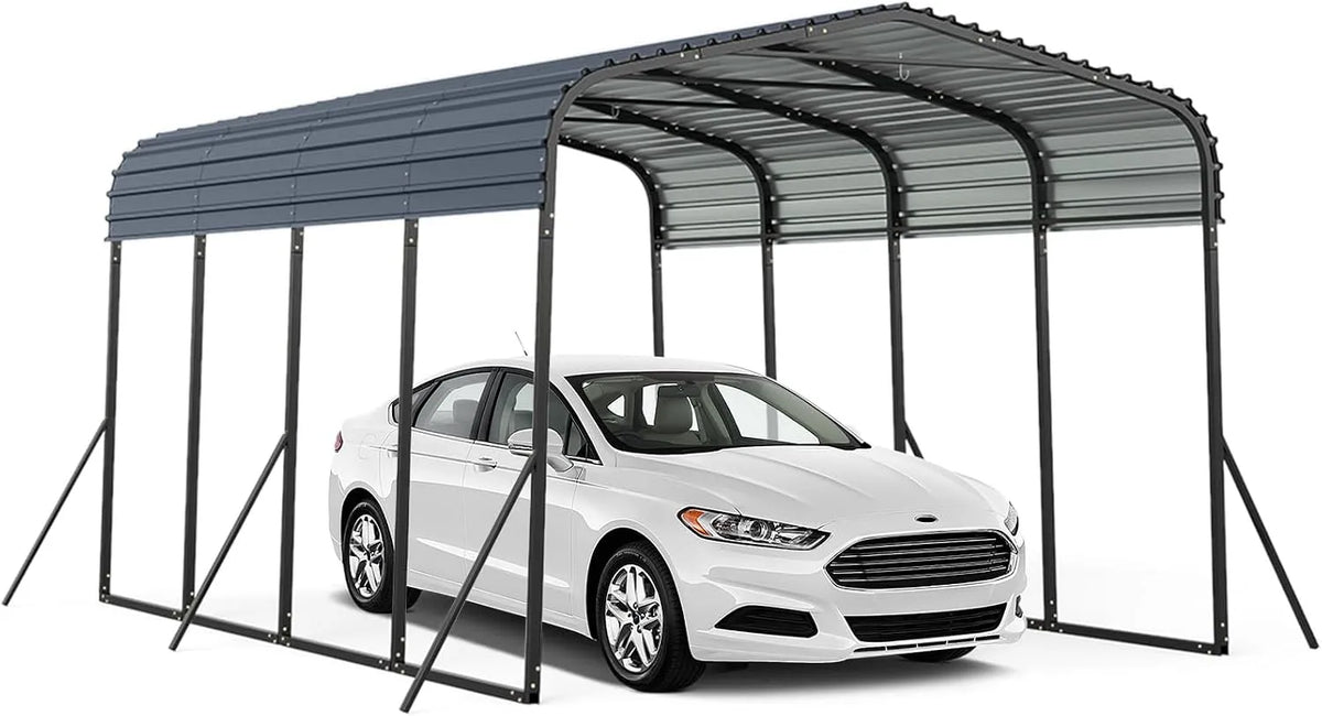 Carport GYMAX Metall, festem Dach & 4 schräge Beine, Zeltgarage für Auto 4.4 x 3 m, Überdachung mit verstärkter Basis