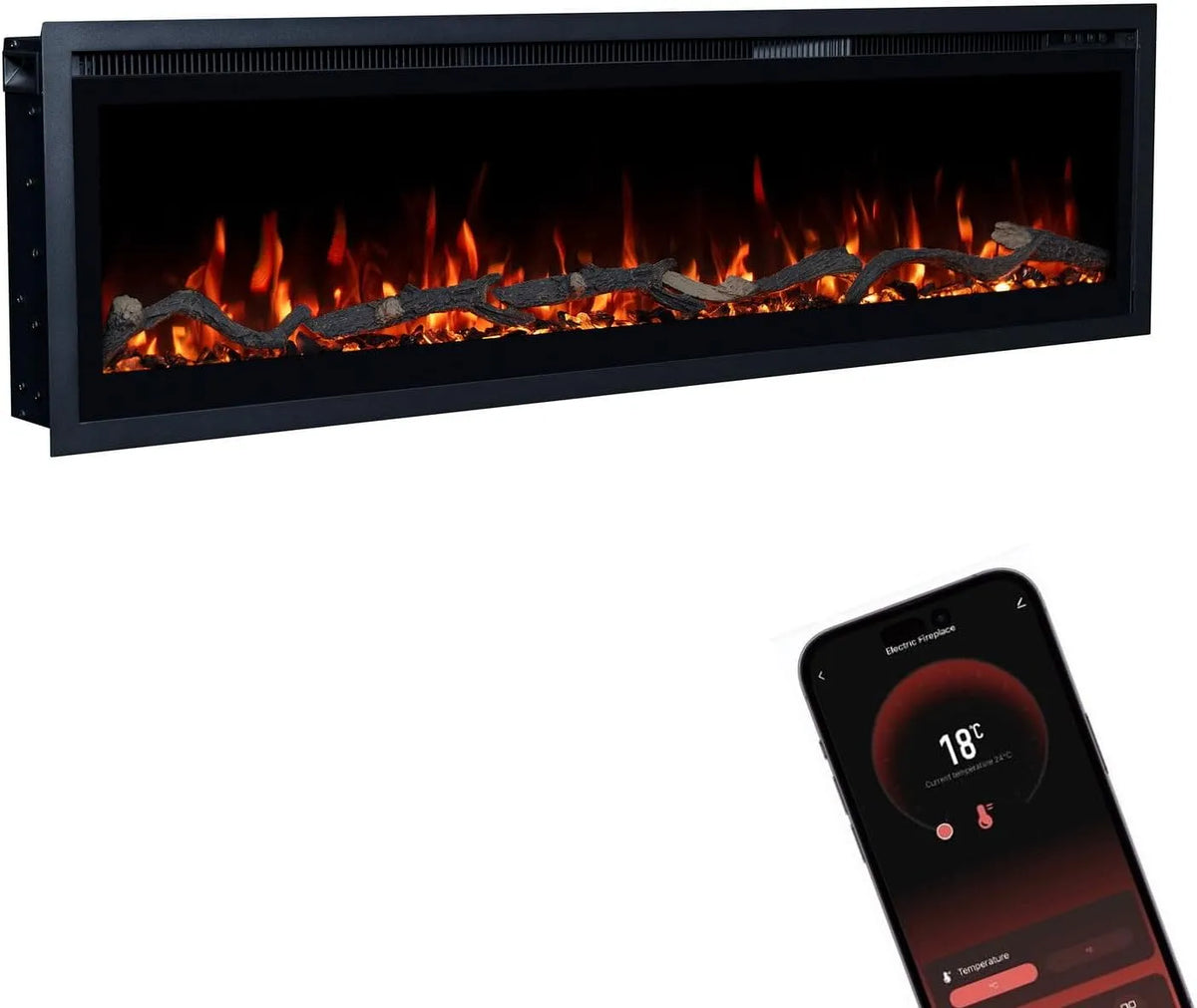Elektrokamin GLOW FIRE, max. 1800 W, Core 127 mit realistischem 3D LED-Feuer, Maße 127x35x12cm, Wand mit Heizung und Kaminfeuer, App Steuerung