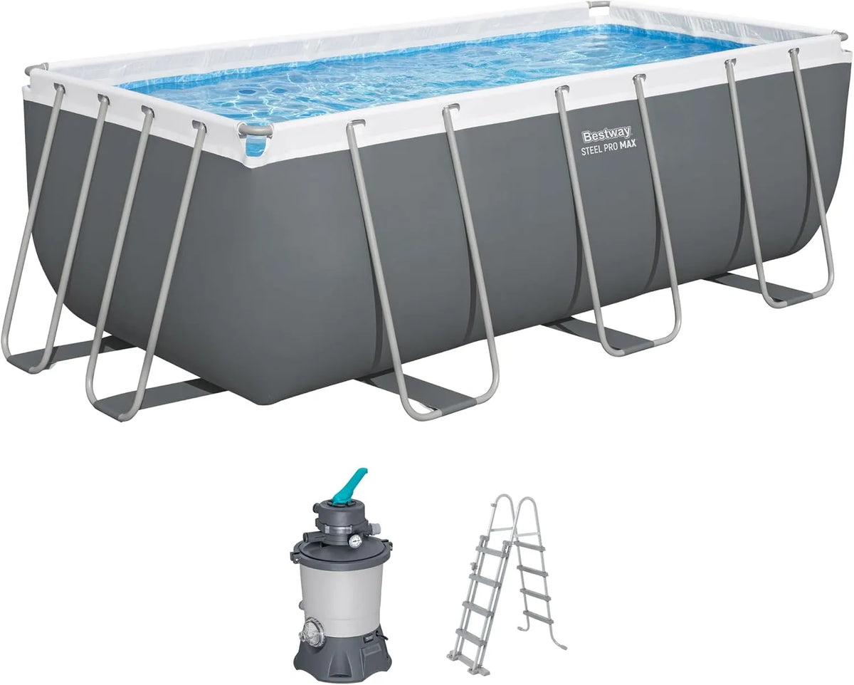 Bestway Pool, Power Steel Frame Set mit Sandfilteranlage 412 x 201 x 122 cm, eckig, Farbe Grau