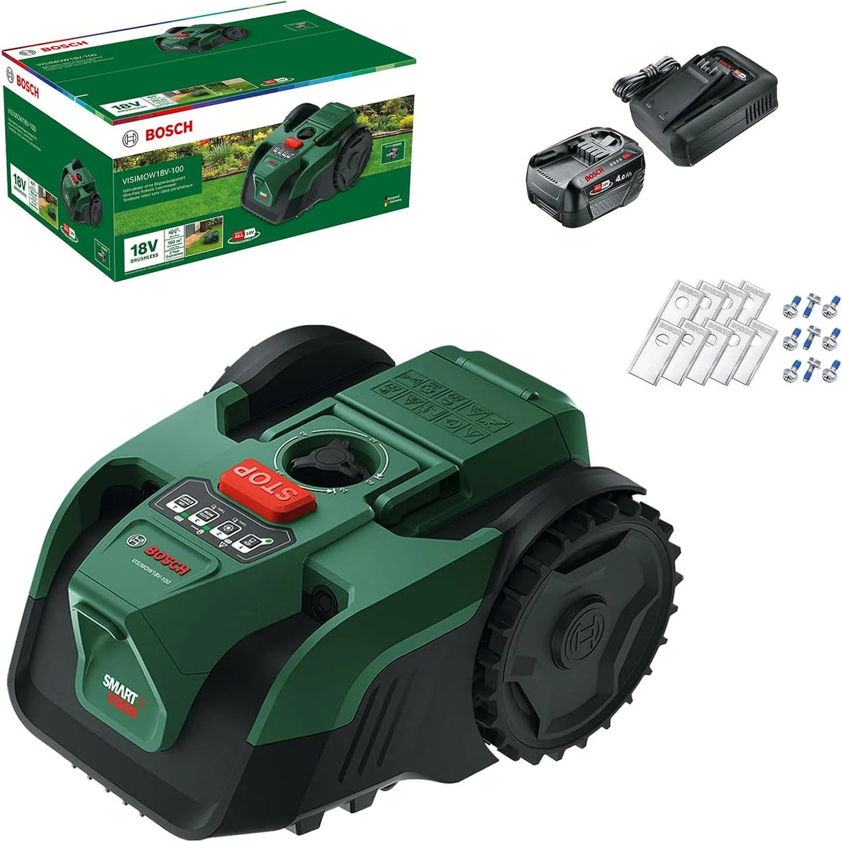 Bosch Modell, Akku-Mähroboter VISIMOW18V-100, Schnitthöhe: 20-60 mm, Schnittbreite: 16 cm, inklusive. Akku und Ladegerät, mit Ersatzmessern