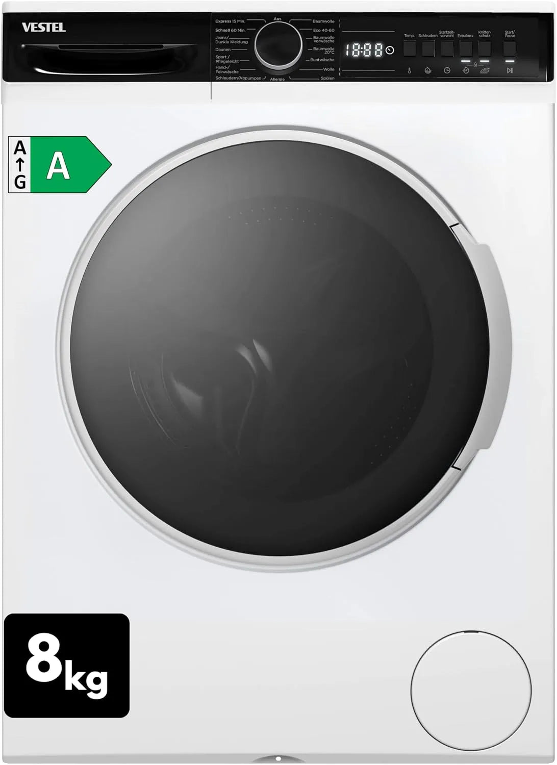 Waschmaschine VG-WFT2843WA 1400 VESTEL, Frontbeladung, Gewicht 8 kg, 15 Betriebsprogramme inklusive. 12 min Kurzprogramm, AquaStop, Weiß