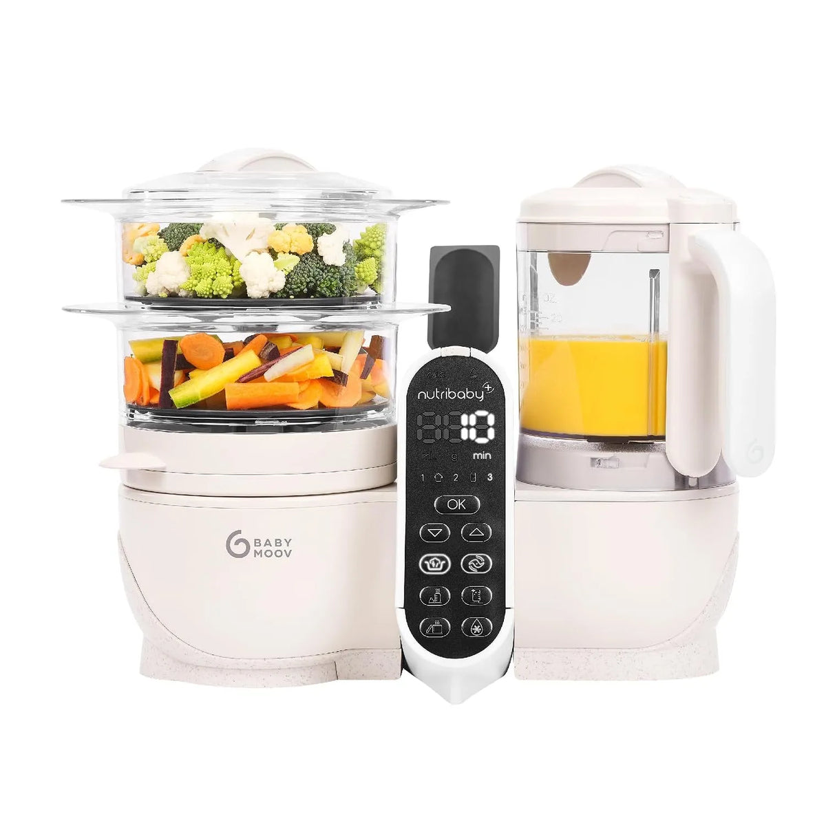 Plus Mineral Beige Babymoov Nutribaby, 2200ml Fassungsvermögen, Babynahrungszubereiter, schonendes Dampfgaren, Mixen, Sterilisieren, Aufwärmen
