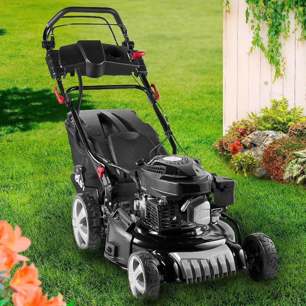Rasenmäher 76PS 30-80mm 18170 BRAST Benzin, 4 Takt OHV Motor, Leistung 3,5kW, 46cm Schnittbreite, Fassungsvermögen 60L Fangkorb, mit Antrieb, TÜV