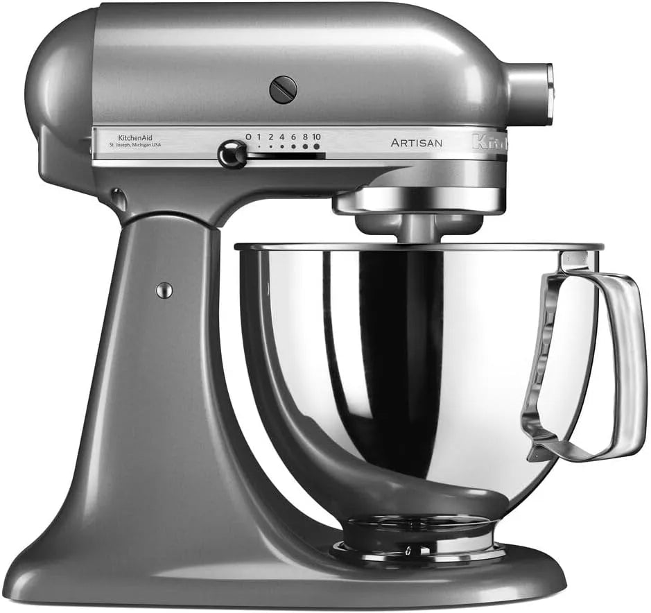 KitchenAid Küchenmaschine, Artisan, Fassungsvermögen 4.8 L, Teigknetmaschine mit 3 Zubehör und Schüssel aus Edelstahl, Kontur silber