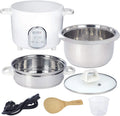Modell KRC-175 KeMar Reiskocher, 5 Betriebsprogramme, Fassungsvermögen 1,4L, Leistung 500W, 7 Messbecher, Weiß, Edelstahltopf & Glasdeckel, Dampfgaren