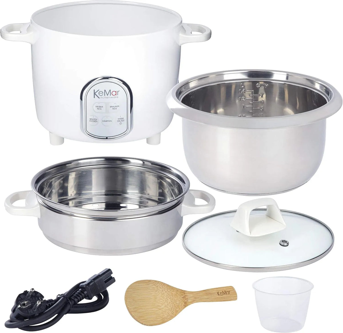 Modell KRC-175 KeMar Reiskocher, 5 Betriebsprogramme, Fassungsvermögen 1,4L, Leistung 500W, 7 Messbecher, Weiß, Edelstahltopf & Glasdeckel, Dampfgaren