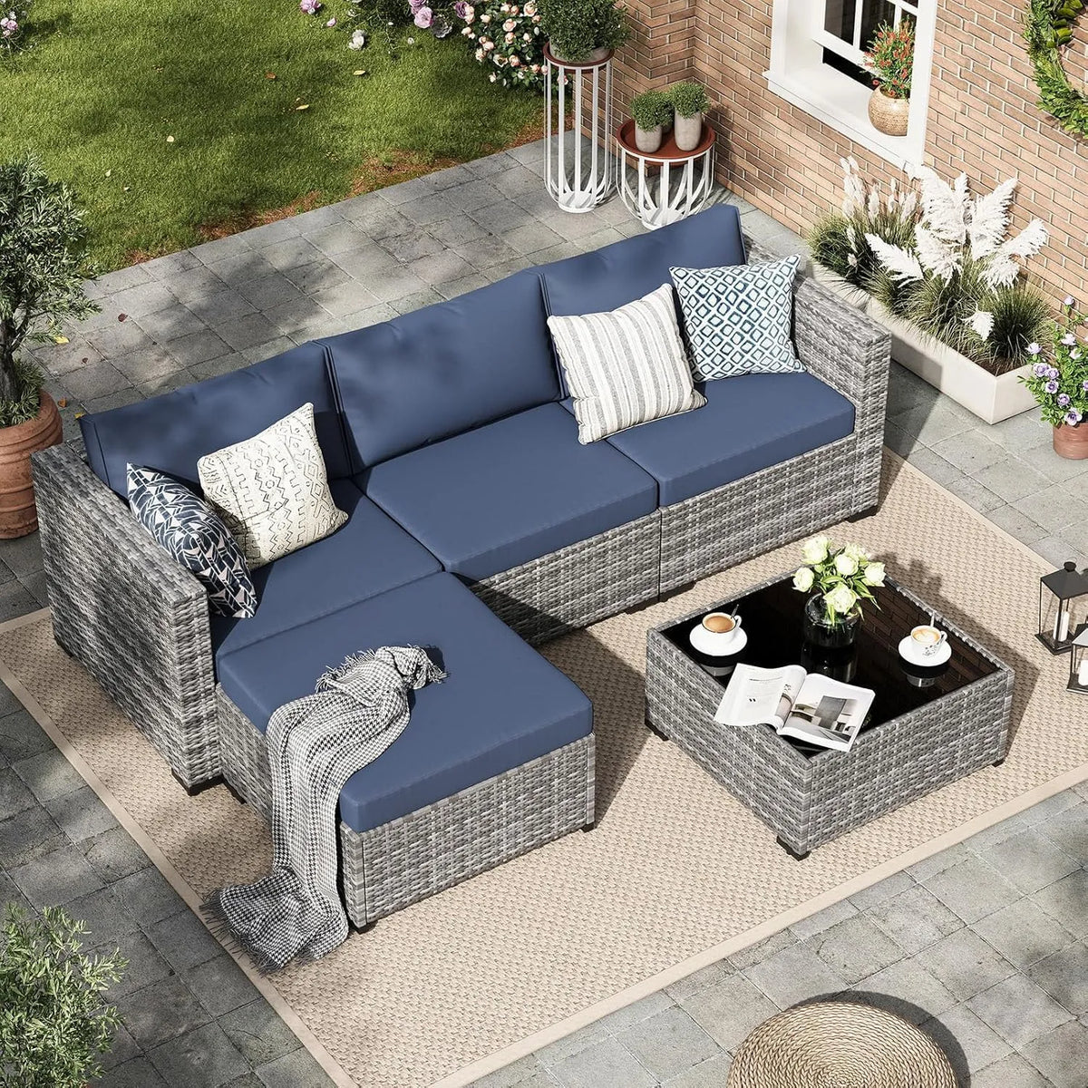 Sofa 3er, Amopatio Rattan Gartenmöbel-Set, Kissen und Glastisch für Garten, Lounge-Set, Poly Rattan Sitzgruppe Couch 5 Teilig mit, Sessel