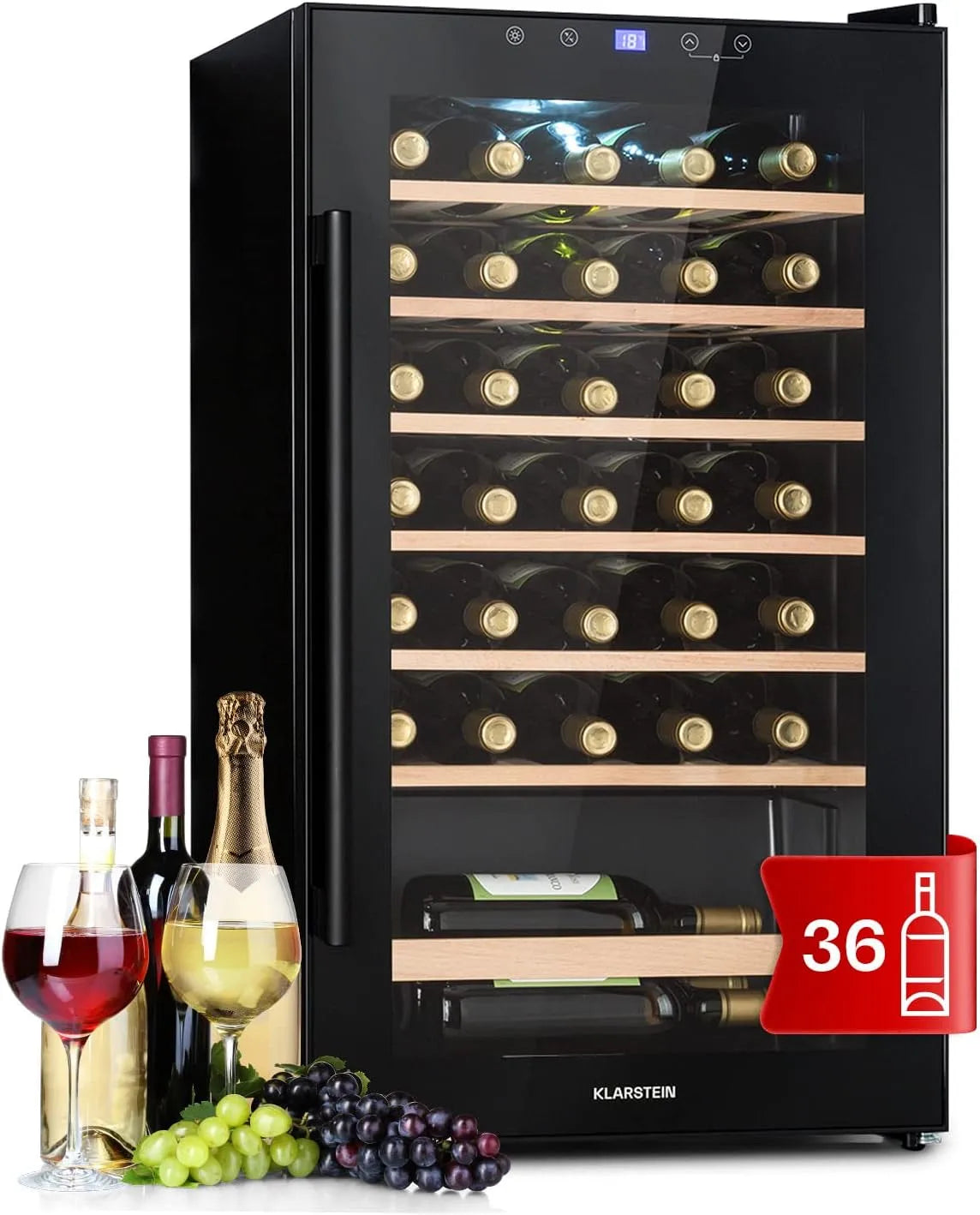 Klarstein Kühlschrank, 4-18°C, Weinkühlschrank Klein, Getränkekühlschränke in freistehender Ausführung, 1 Zone mit Glastür, 36 Flaschen