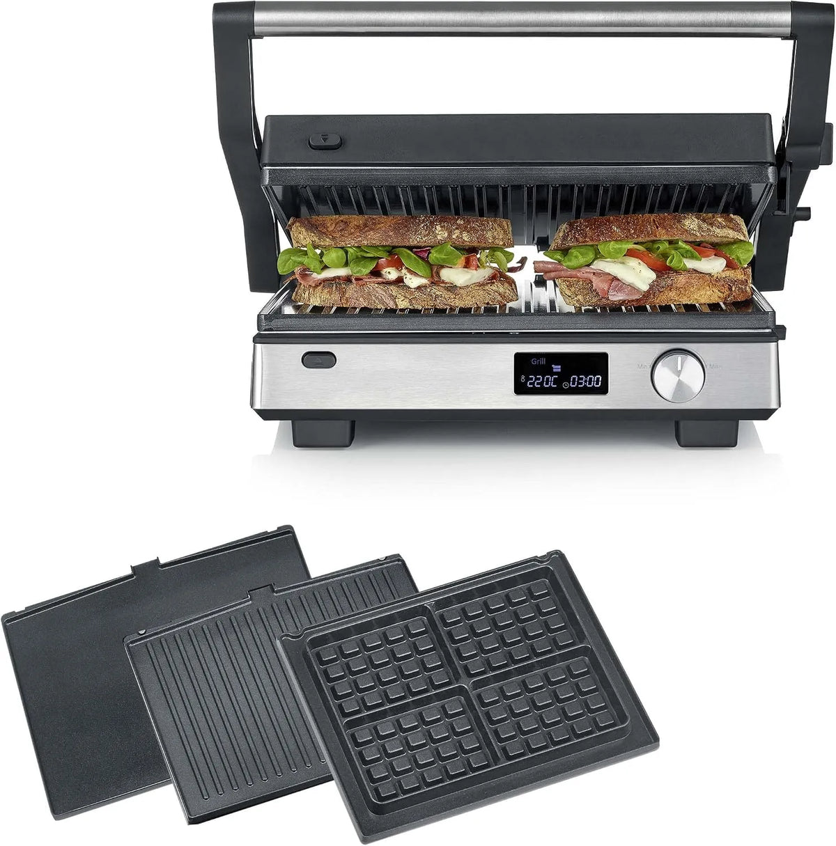 Severin Grill KG 2380, Leistung 2000W, hochwertige Keramikbeschichtung, spülmaschinengeeignete Grillplatten, Panini, in Schwarz, XL-Grillfläche