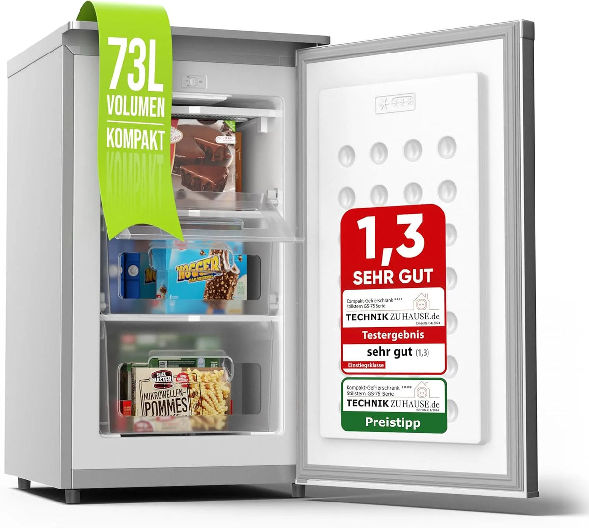 Gefrierschrank 4-Sterne-Gefrierfach R600A Stillstern, Fassungsvermögen 73L, 18°C ger. Energiever. Mini Freezer mit 3 Fächer, Klein, Türanschlag r.