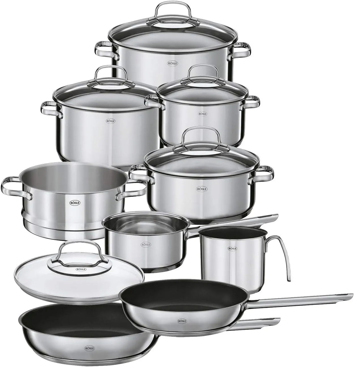 Topfset RÖSLE ELEGANCE, 6 hochwertige Kochtöpfe, 2 Bratpfannen im Set, spülmaschinengeeignet, 10-tlg., 1 Dämpfeinsatz