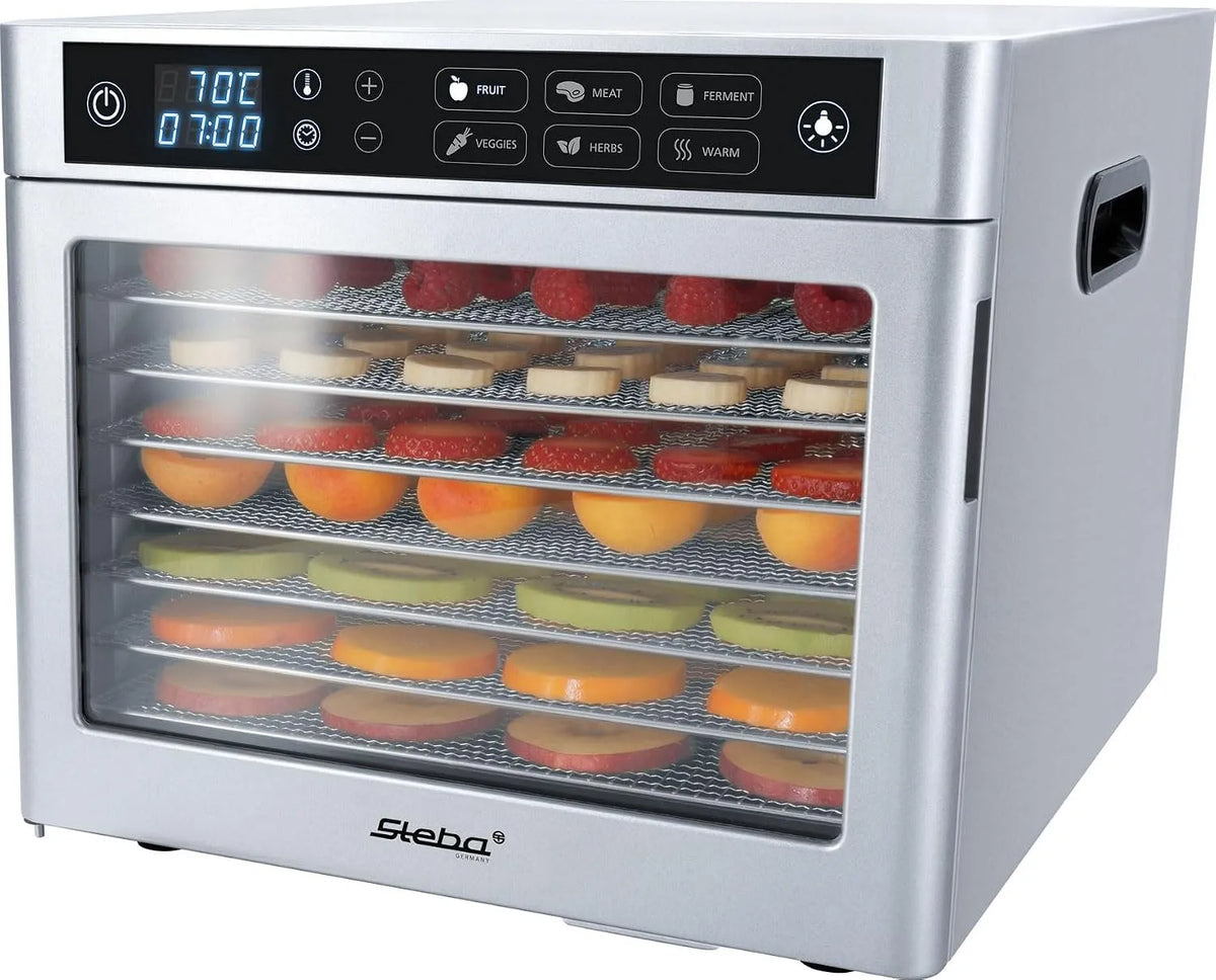 Steba Steel Deluxe Dörrautomat ED 80 Steba ED, 8 Edelstahl-Gitter, Langlebiger Motor, LED-Display, Innenraumbeleuchtung