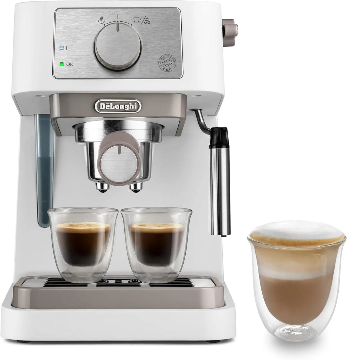 De'Longhi Kaffeemaschine EC260.W, 2 Etagenbehälter, Manuelle Stilosa, Abschaltautomatik, Weiß, 15 Bar Druck, Fassungsvermögen 1L, Cappuccino-System