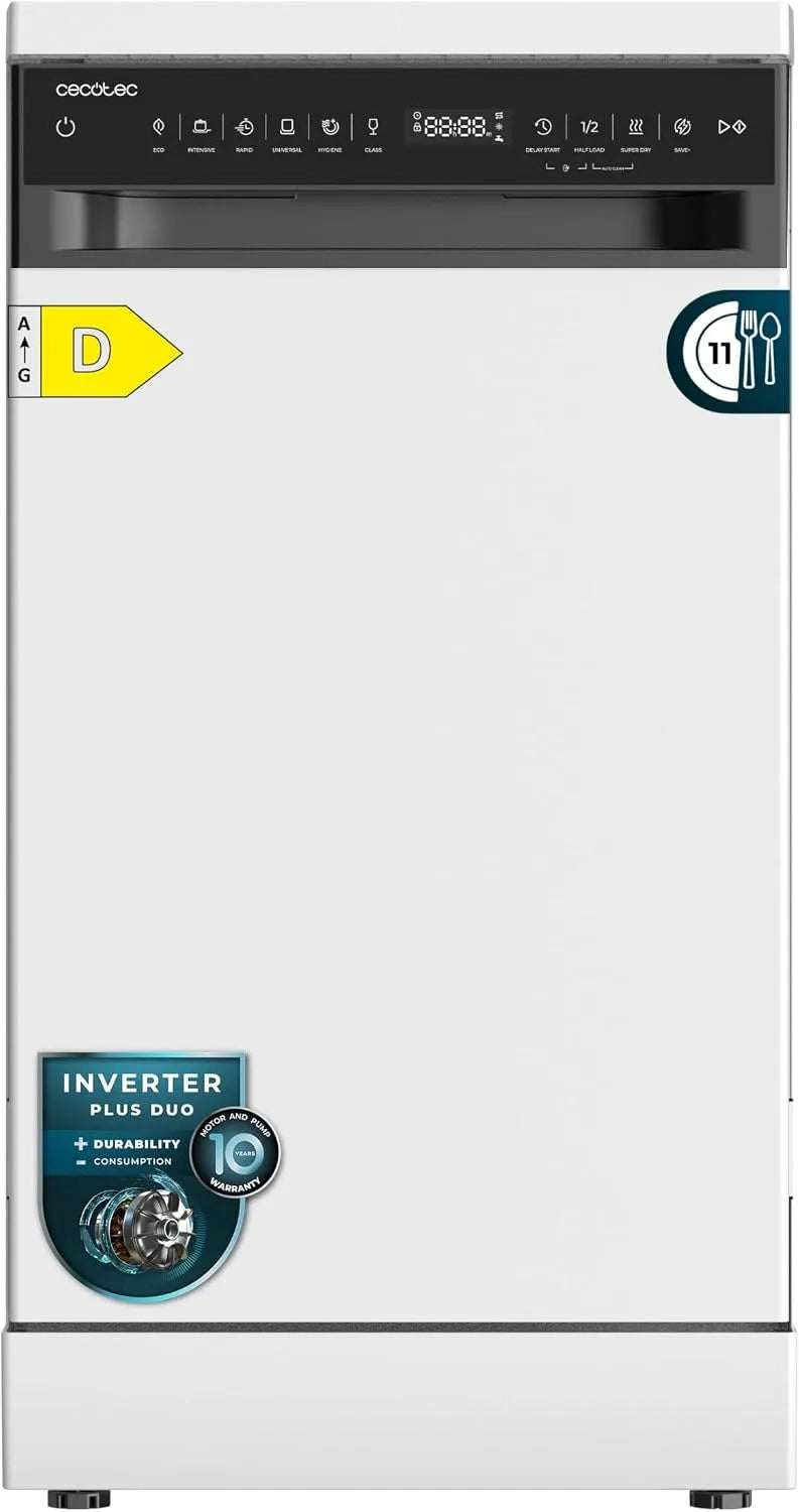 Cecotec Geschirrspüler, Inverter Plus Duo Motor, Energieeffizienzklasse D, Save+, Startzeitvorwahl, 9 Betriebsprogramme, Super Dry, AutoClean, Weiß