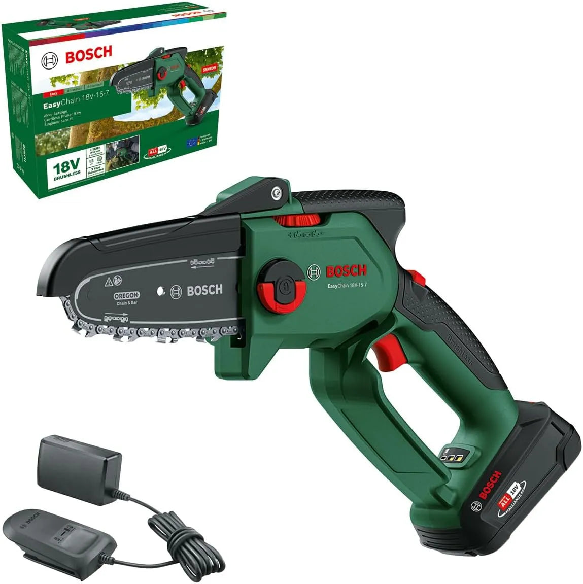 Bosch Modell 18V-15-7 5-Ah-Akku, kompakte Mini Kettensäge EasyChain, Zum Schneiden von Holz, Spannung 18 Volt System, Kettengeschwindigkeit: 6,95 m