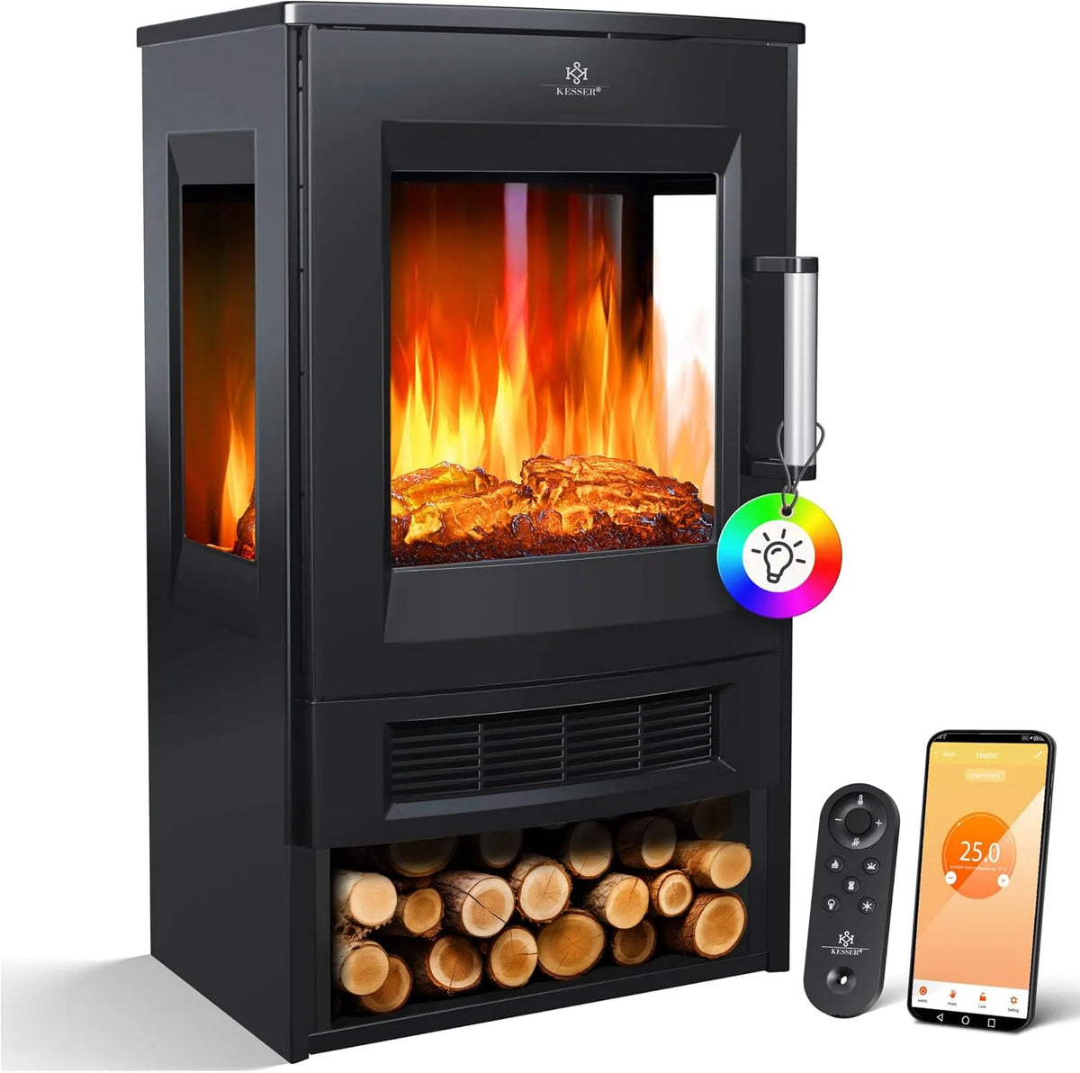 Kesser Elektrokamin, WiFi App 900/1800W Kaminfeuer elektrisch, mit Heizung Panorama-Sichtfenster Heizlüfter 9 LED-Flammeneffekt Farbmodi Fernbedienung