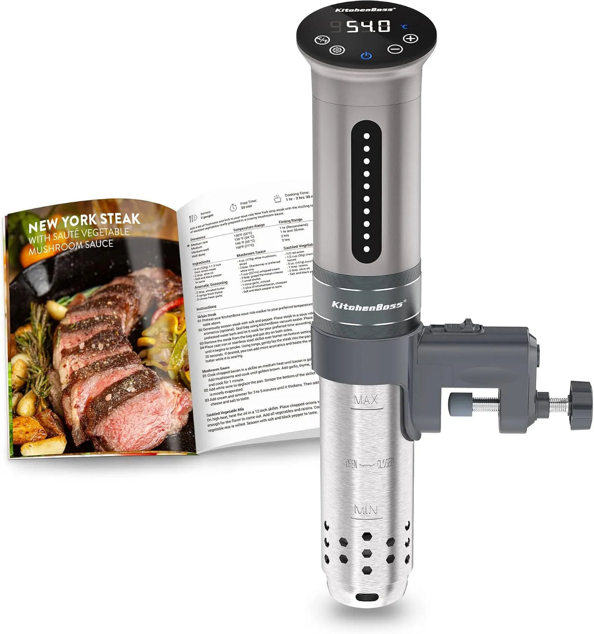 Modell Vide Garer Stick Präzisionskocher IPX7 KitchenBoss Sous, 360° Zirkulation, LED Touch Display, Leistung 1100W, 40℃-90℃ Temperaturbereich
