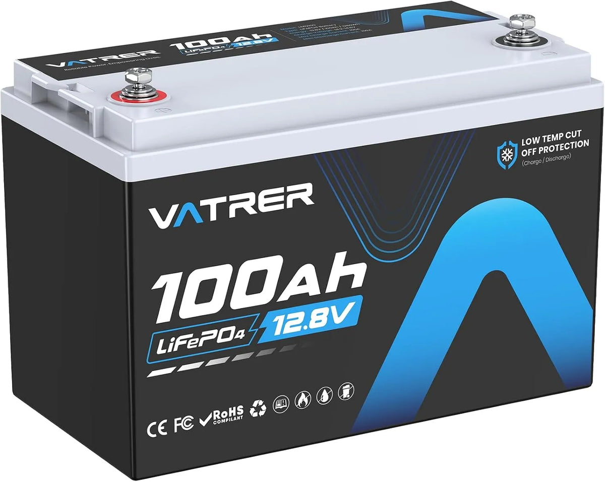 12V 100Ah Akku mit Niedrigtemperatur-Abschaltung & 100A BMS LiFePO4 5000, Leistung 1280W für Wohnmobil, + Zyklen, Camping, Boot & Solar-Heimanlagen