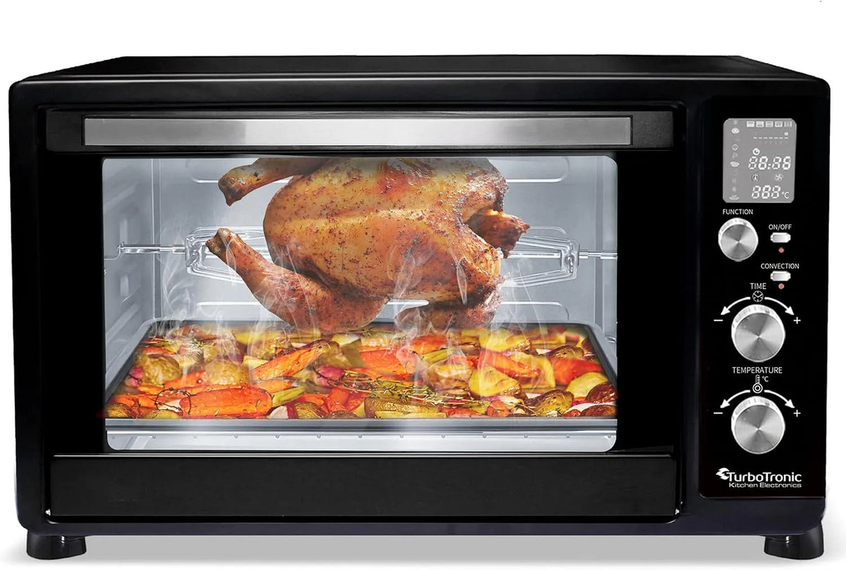 Backofen, 2 Backbleche, Timer, Dörrgerät, Pizzaofen, TurboTronic digitaler Minibackofen 45l in Schwarz 2000W, Drehspieß, Dörrer, Dörrautomat